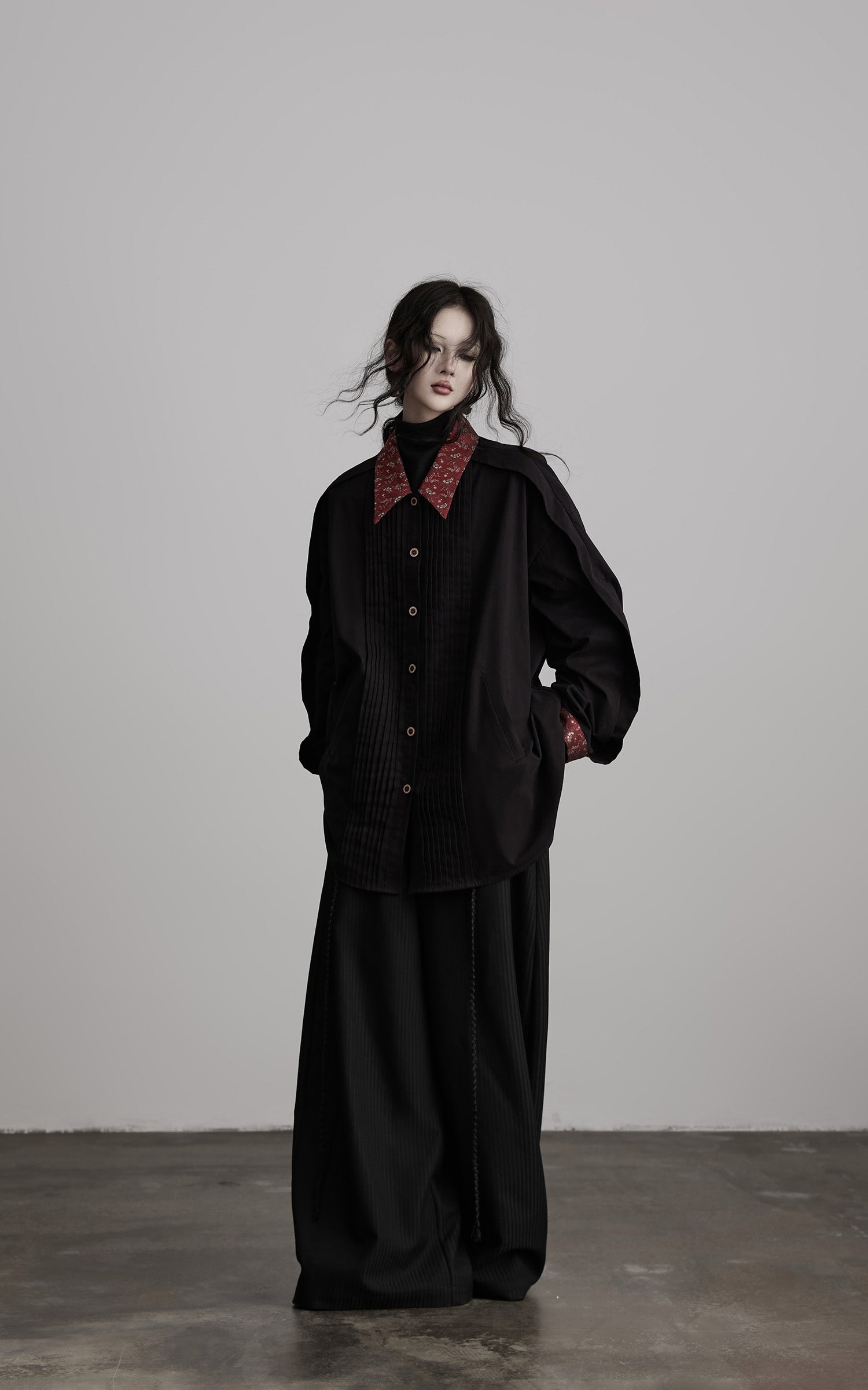 INDULGE Oversized Black Shirt with Contrast Collar and Pleated Front