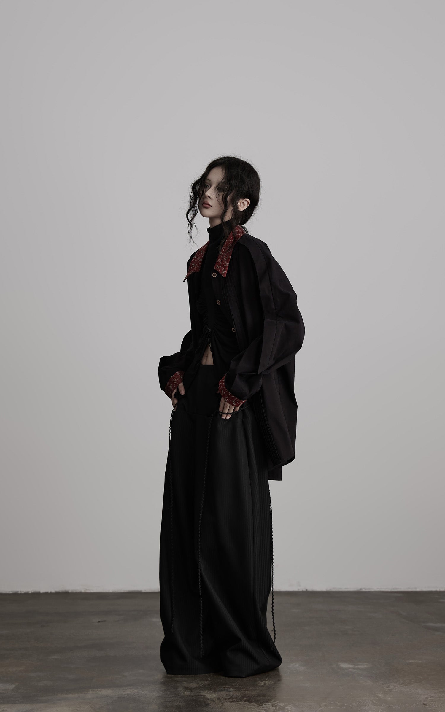 INDULGE Oversized Black Shirt with Contrast Collar and Pleated Front