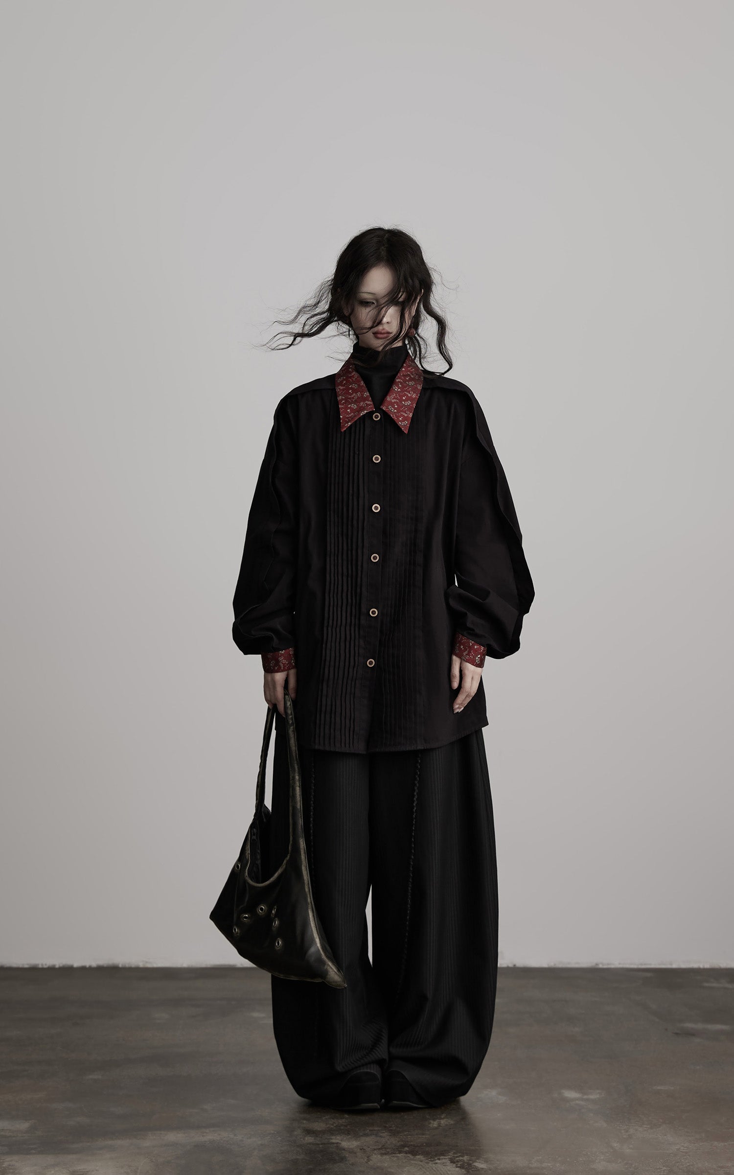 INDULGE Oversized Black Shirt with Contrast Collar and Pleated Front