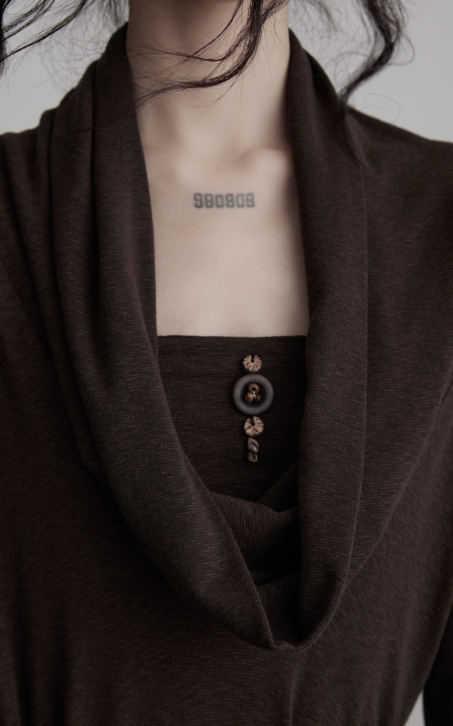 INDULGE Draped Knit Maxi Dress with Cowl Neck and Natural Button Detail