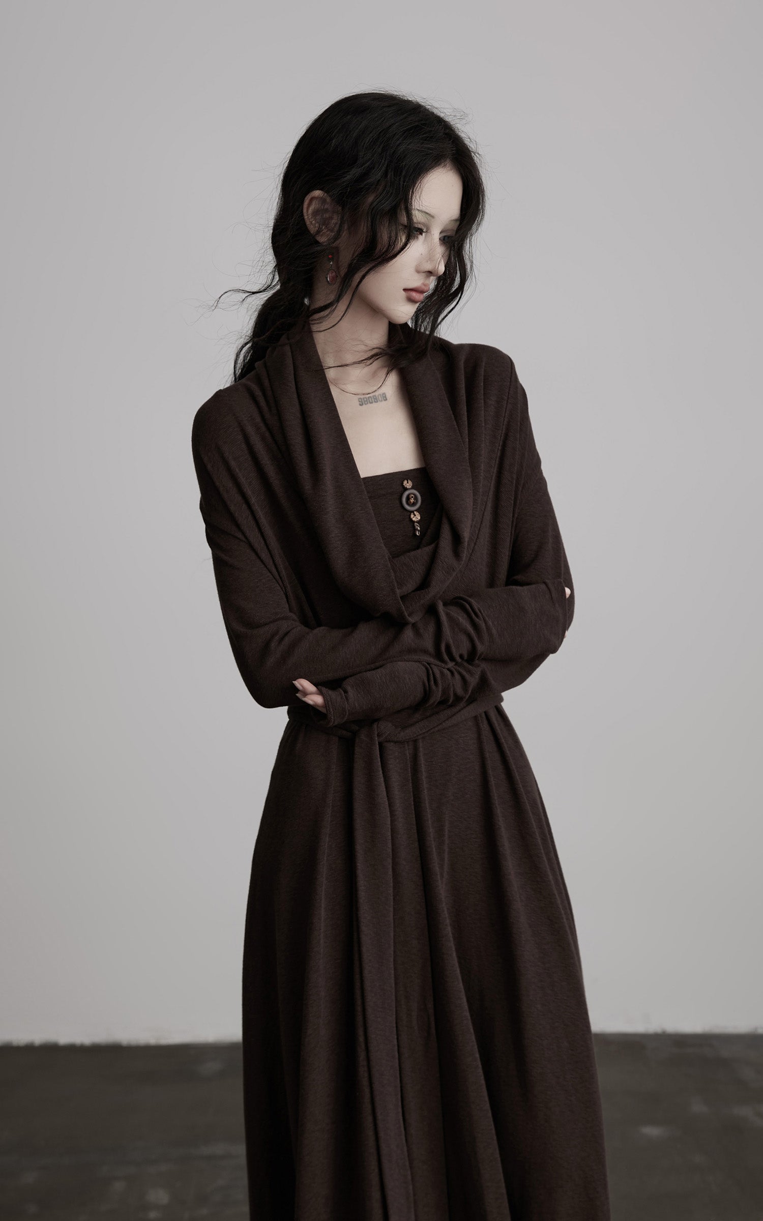 INDULGE Draped Knit Maxi Dress with Cowl Neck and Natural Button Detail
