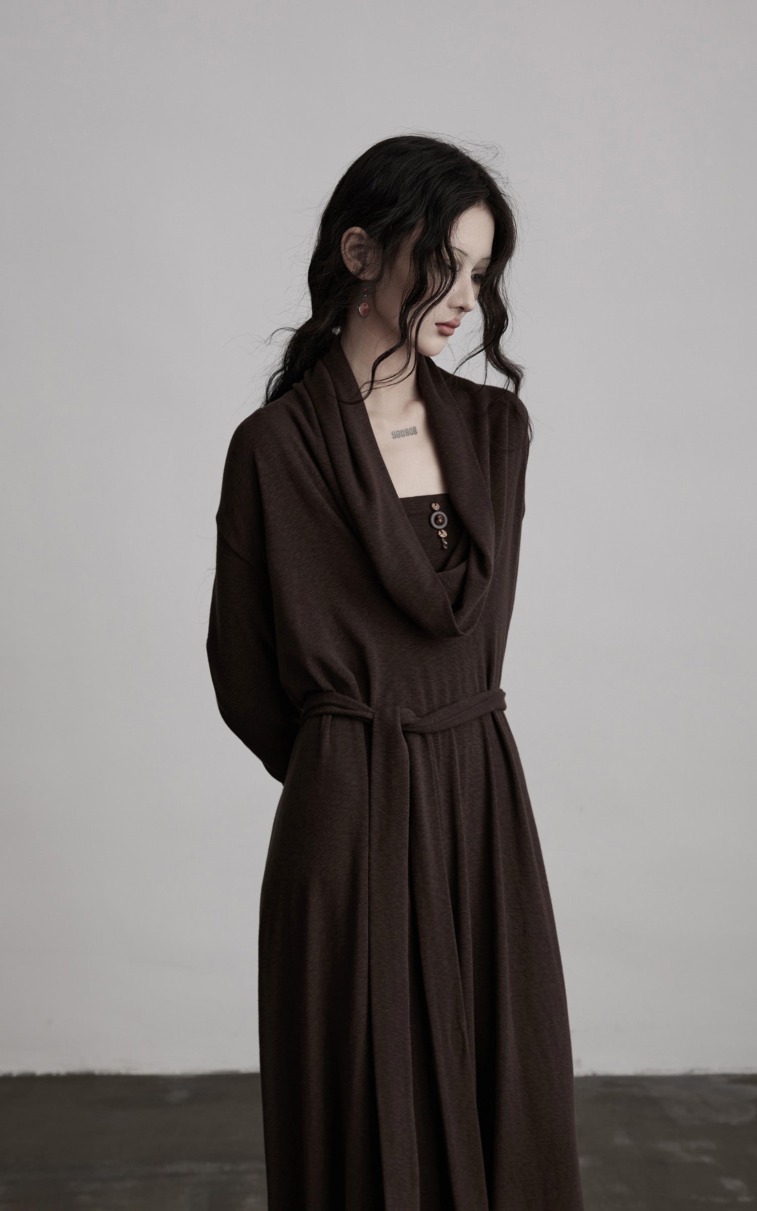 INDULGE Draped Knit Maxi Dress with Cowl Neck and Natural Button Detail