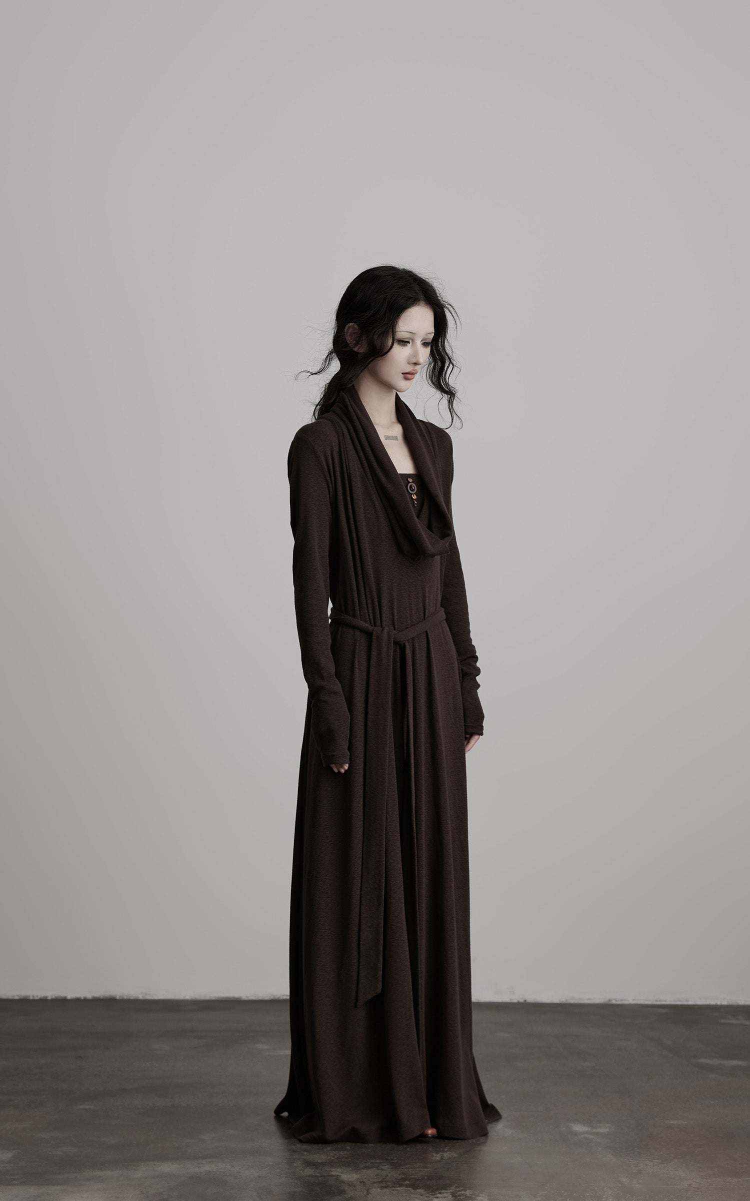 INDULGE Draped Knit Maxi Dress with Cowl Neck and Natural Button Detail