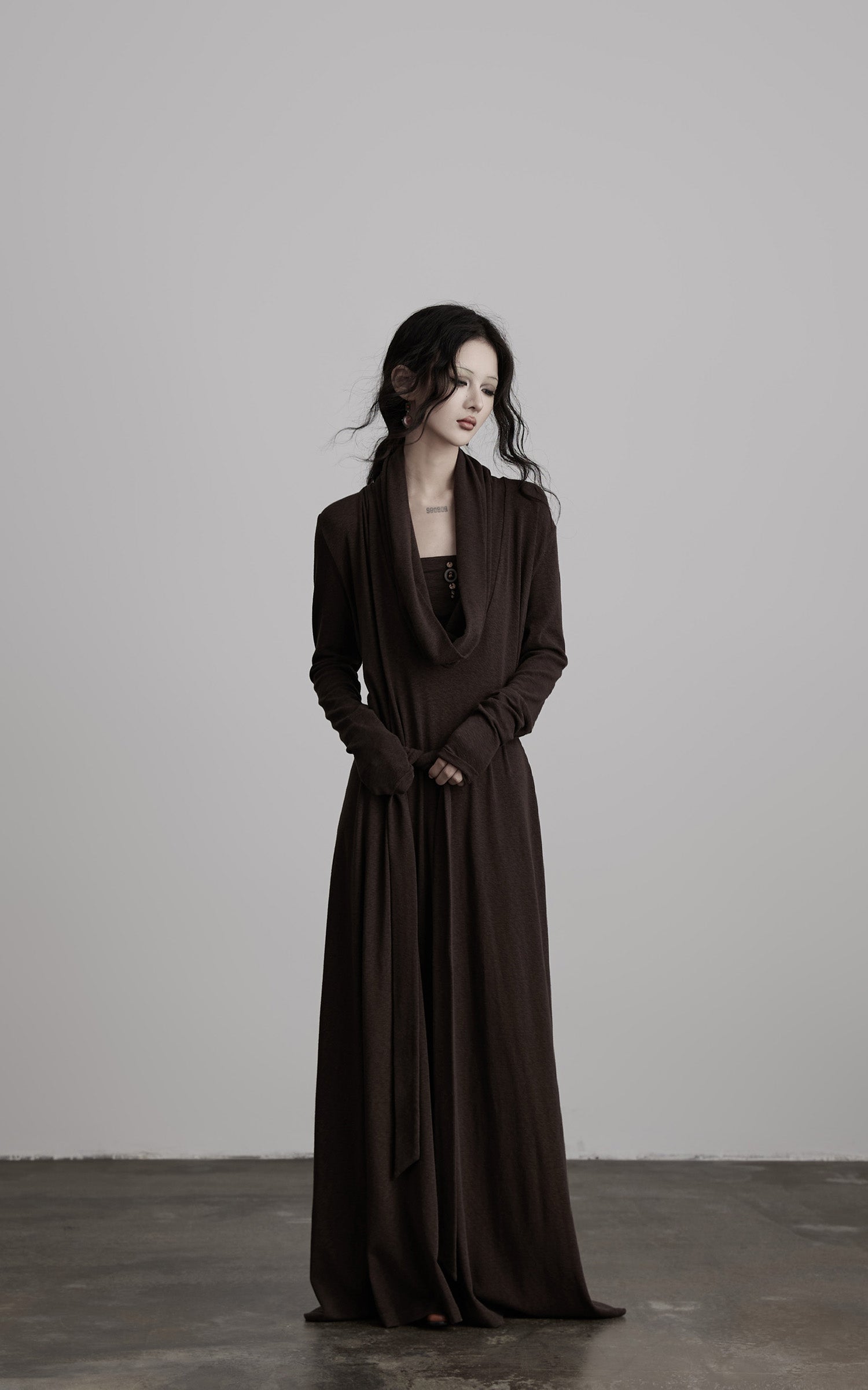 INDULGE Draped Knit Maxi Dress with Cowl Neck and Natural Button Detail