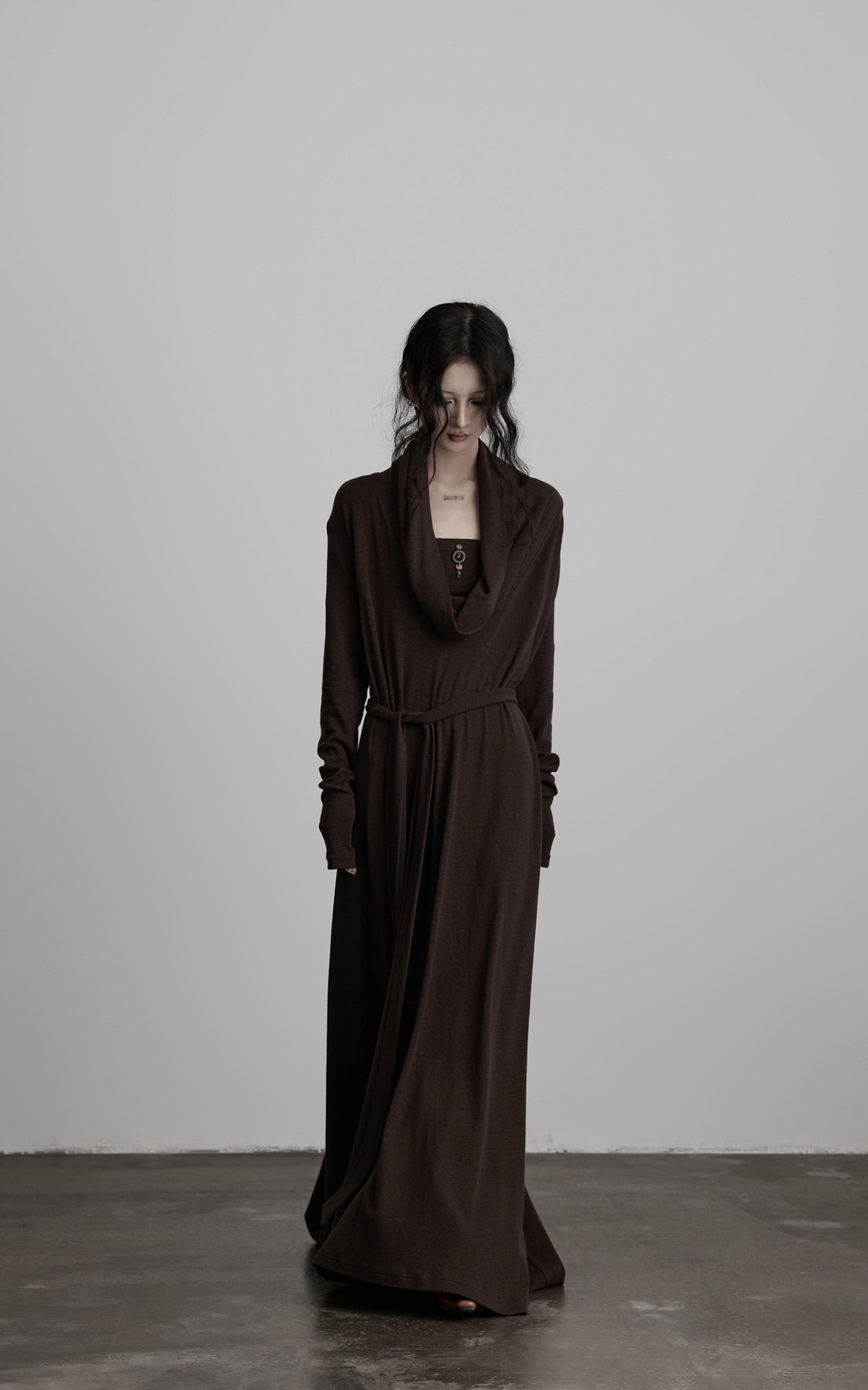 INDULGE Draped Knit Maxi Dress with Cowl Neck and Natural Button Detail