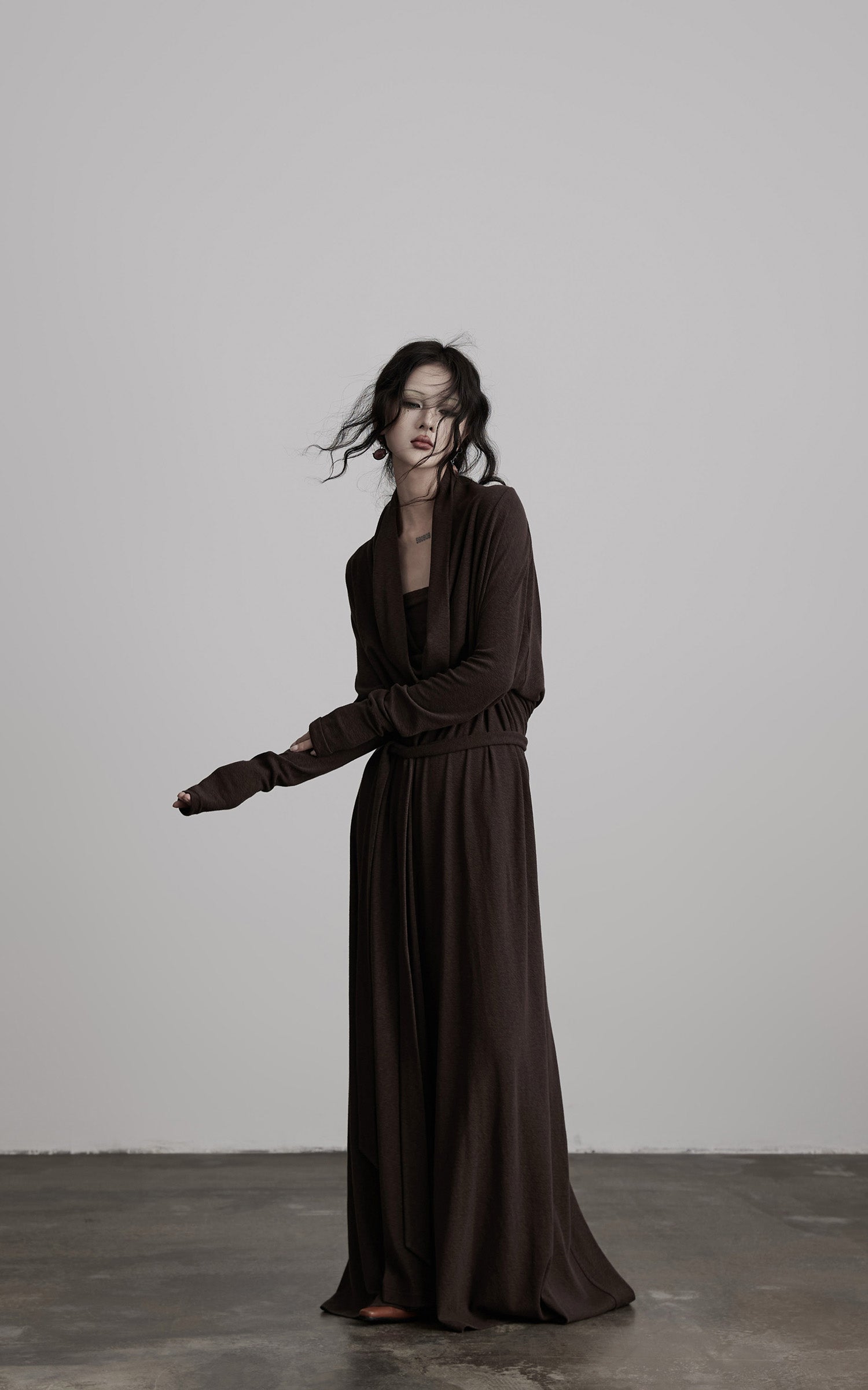 INDULGE Draped Knit Maxi Dress with Cowl Neck and Natural Button Detail