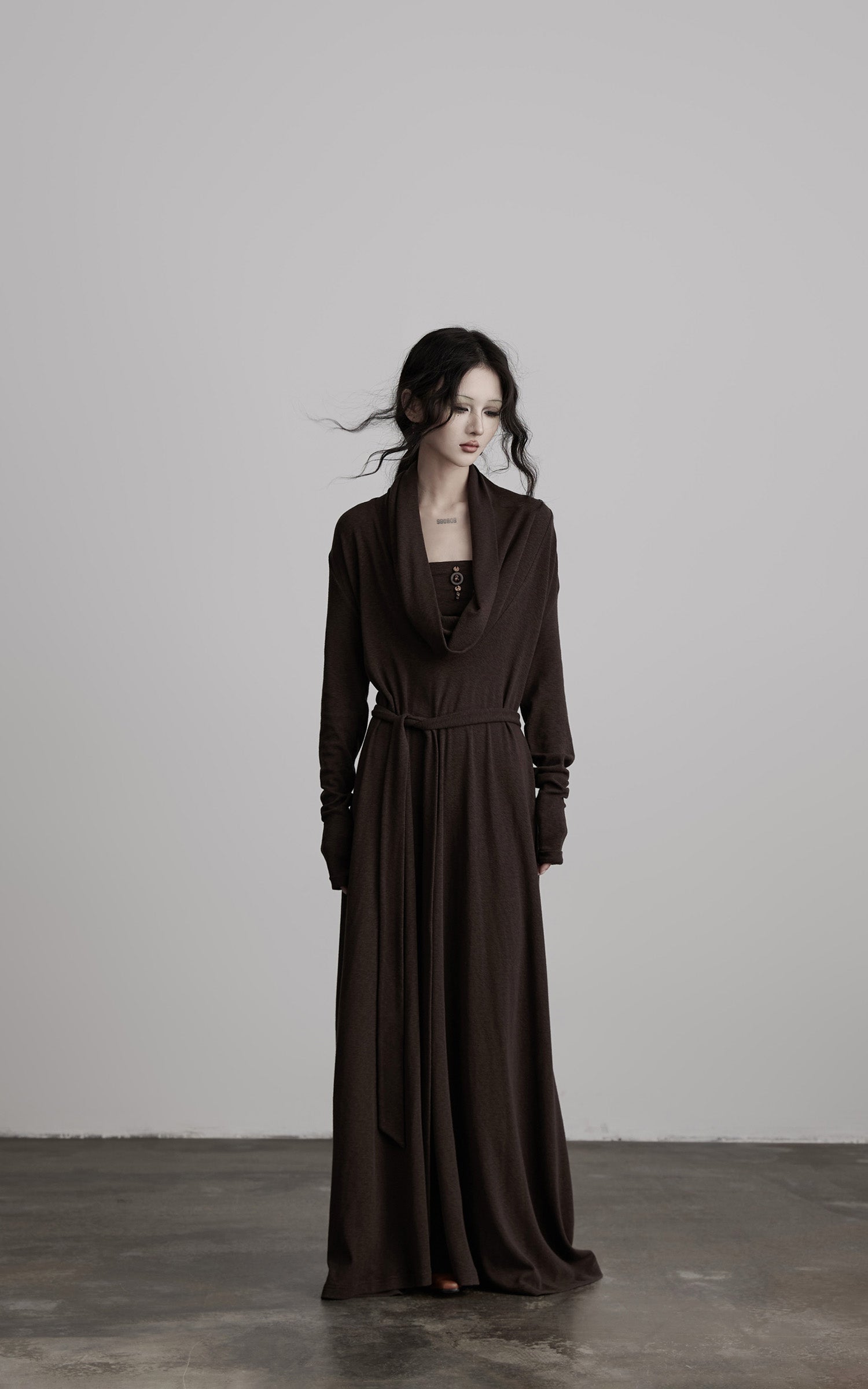 INDULGE Draped Knit Maxi Dress with Cowl Neck and Natural Button Detail