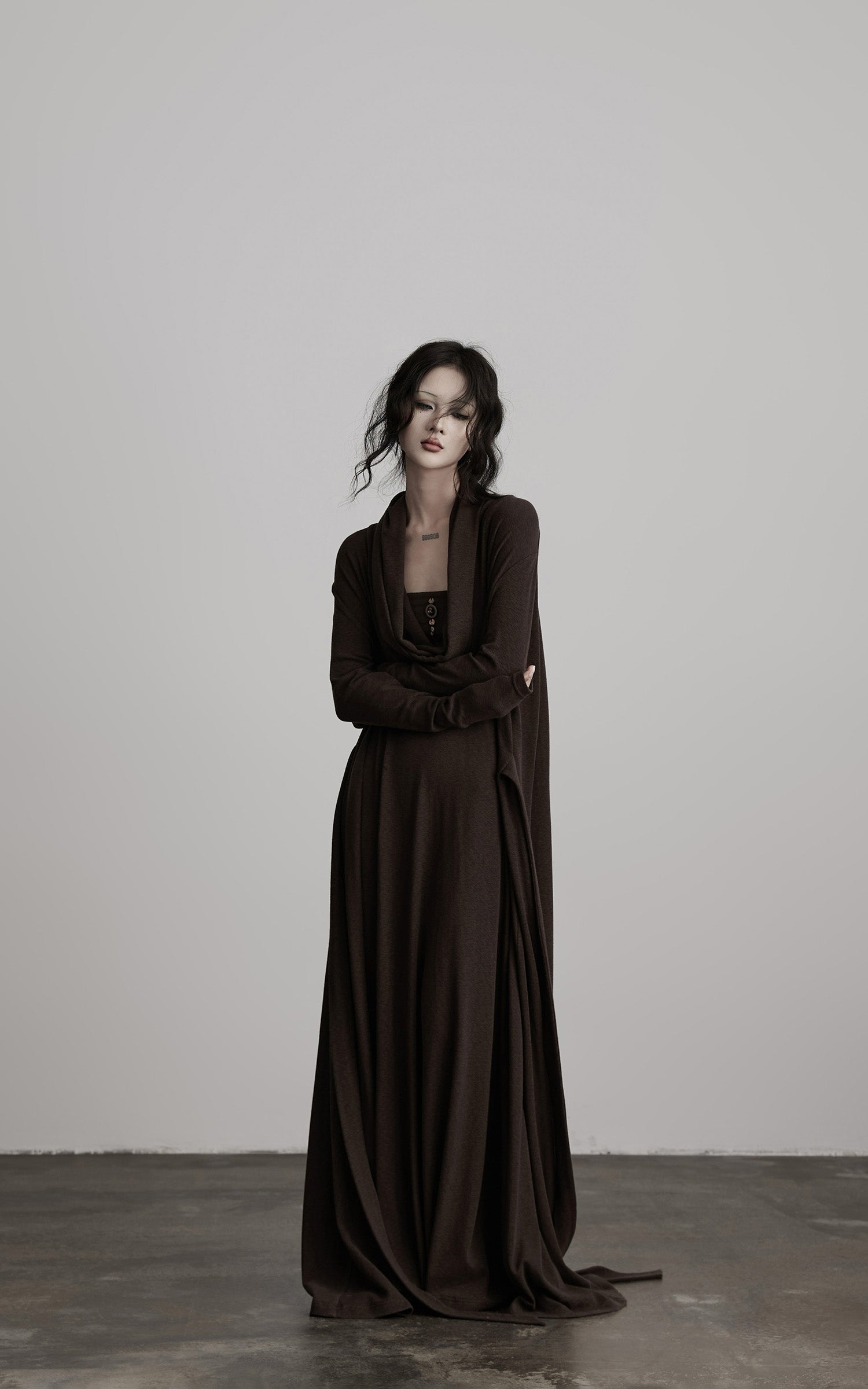 INDULGE Draped Knit Maxi Dress with Cowl Neck and Natural Button Detail