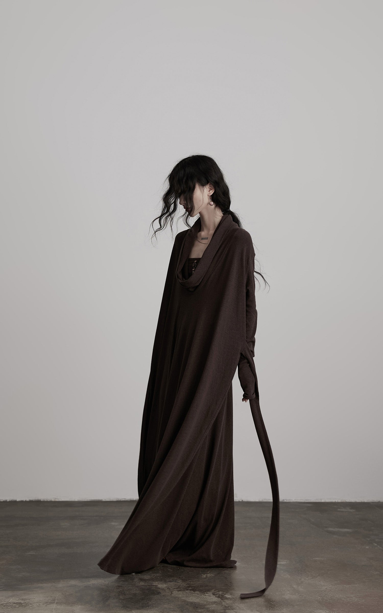 INDULGE Draped Knit Maxi Dress with Cowl Neck and Natural Button Detail