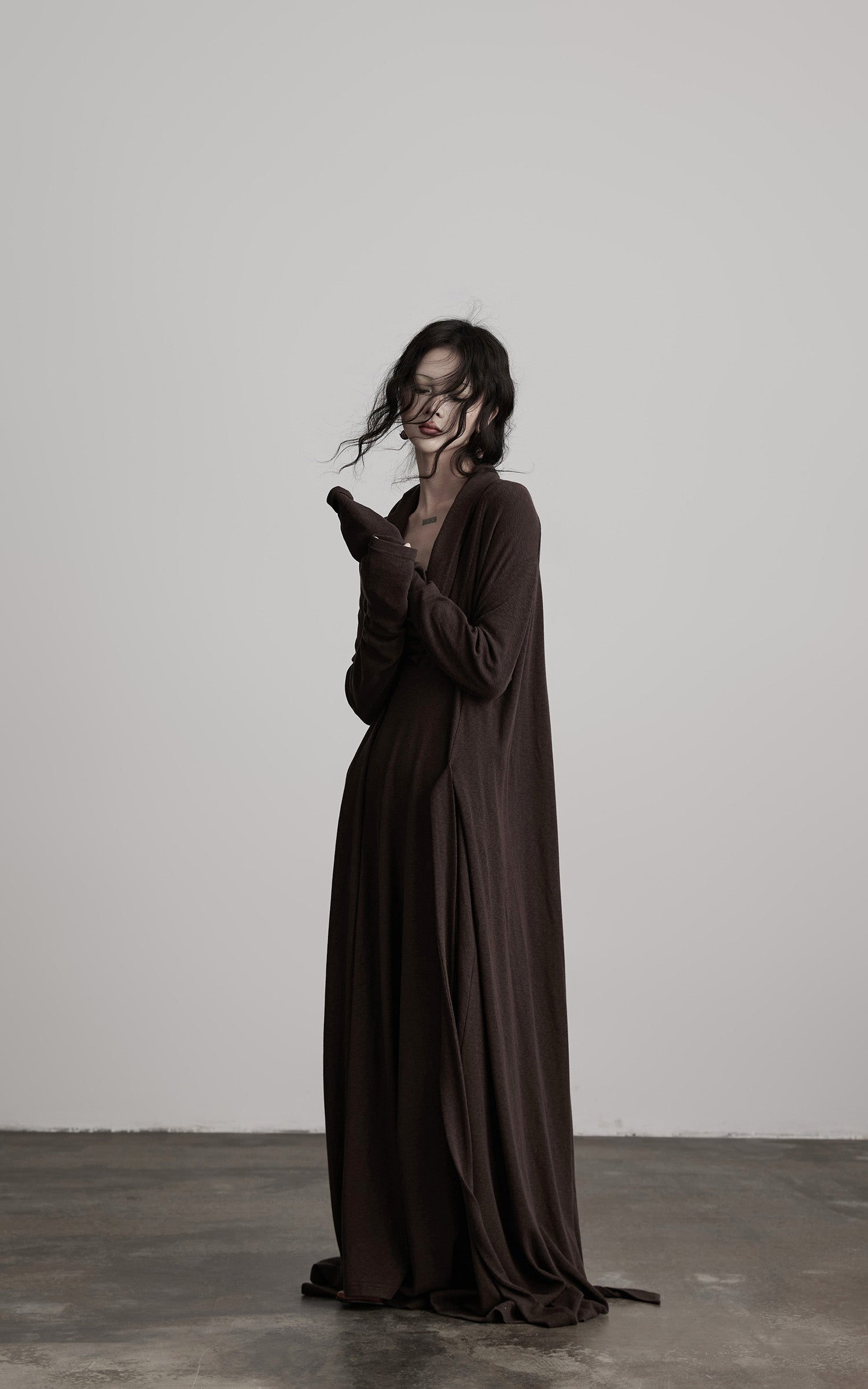 INDULGE Draped Knit Maxi Dress with Cowl Neck and Natural Button Detail