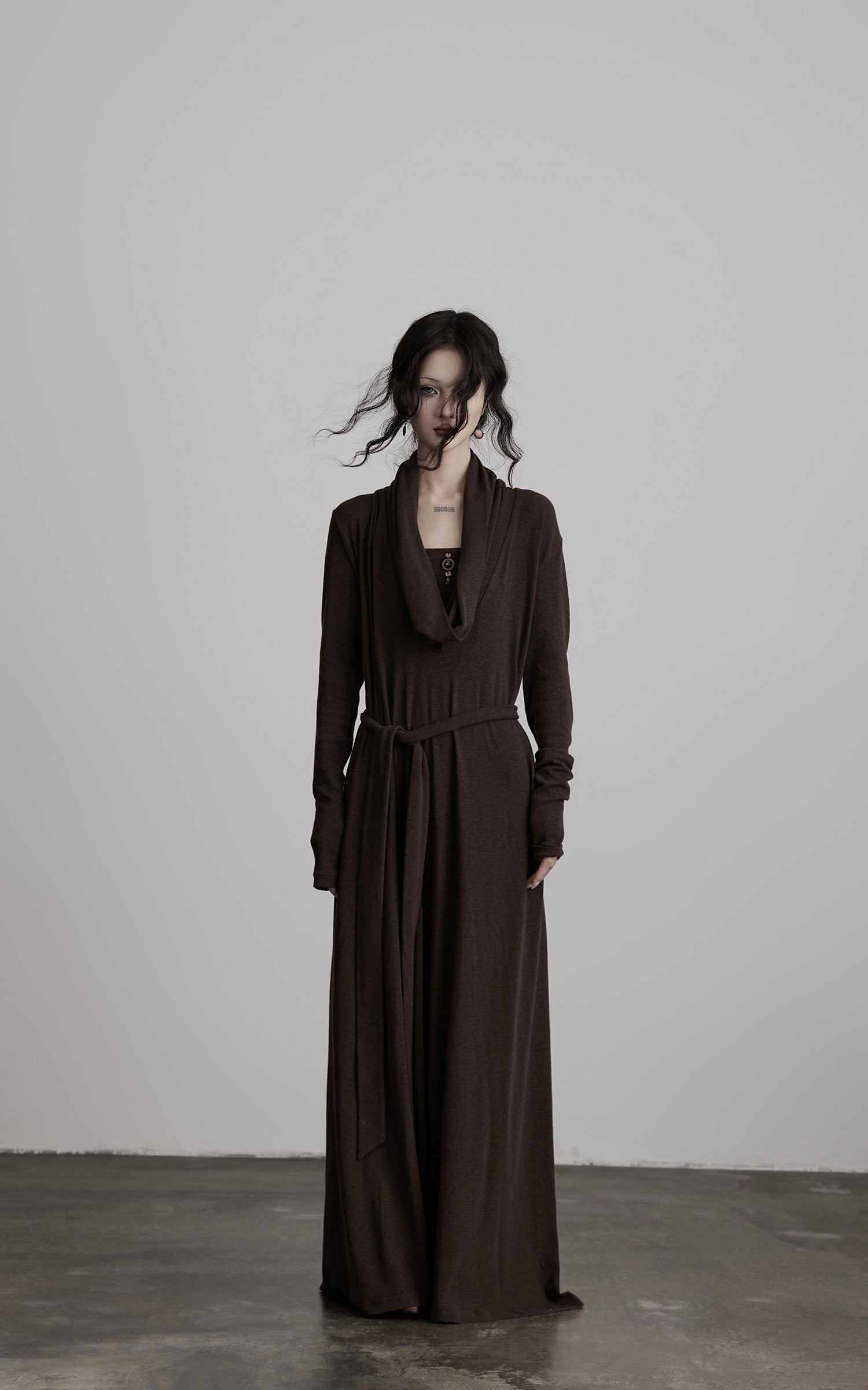 INDULGE Draped Knit Maxi Dress with Cowl Neck and Natural Button Detail