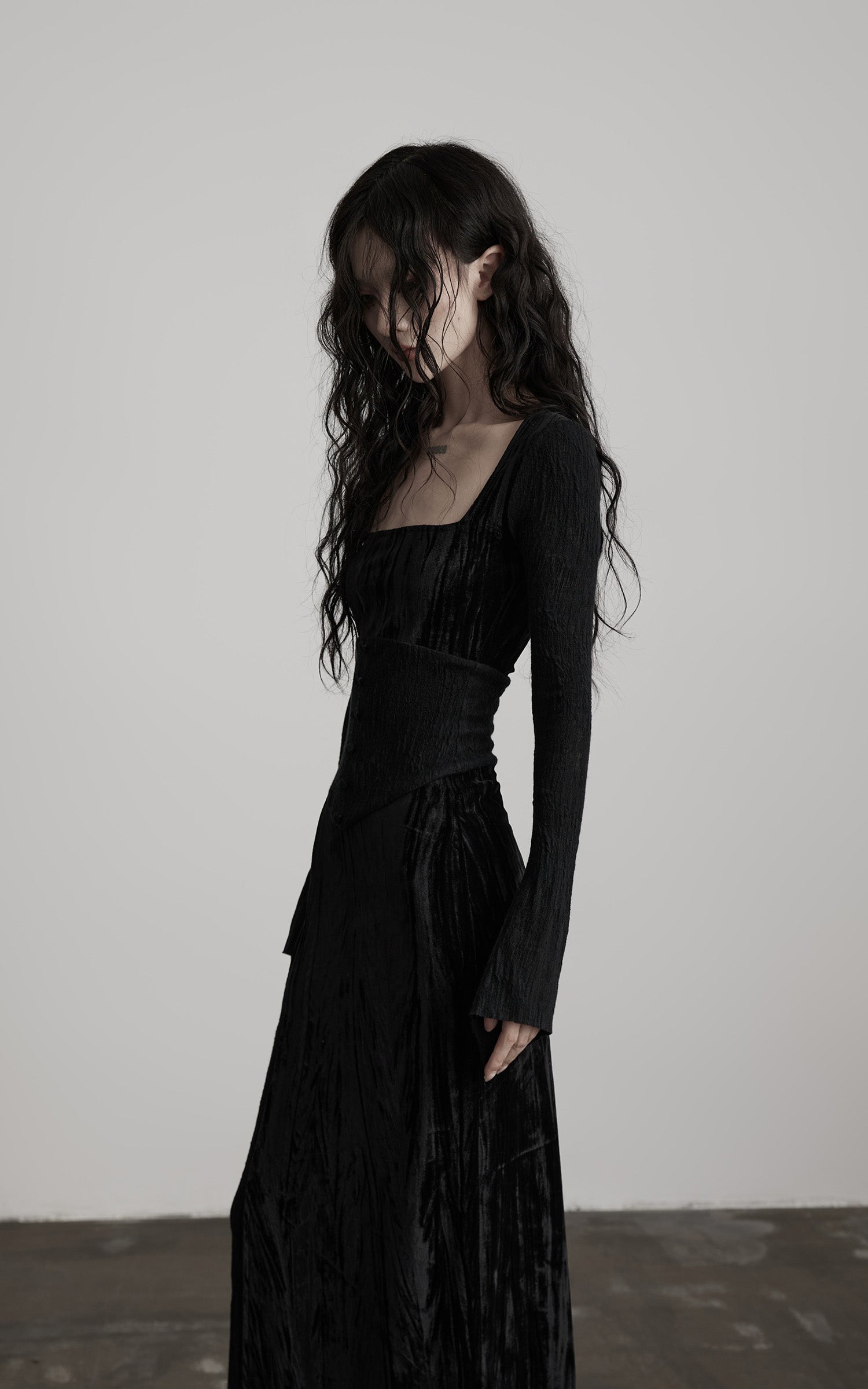 INDULGE Wool Velvet Long Dress with Corset Waist