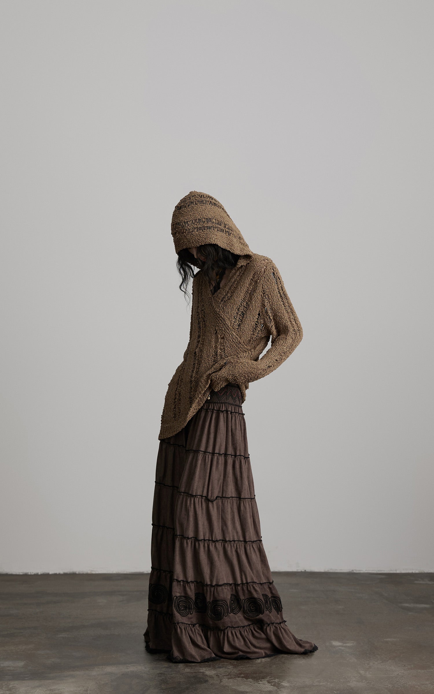 INDULGE Textured Tiered Maxi Skirt with Embroidery & Smocked Waist