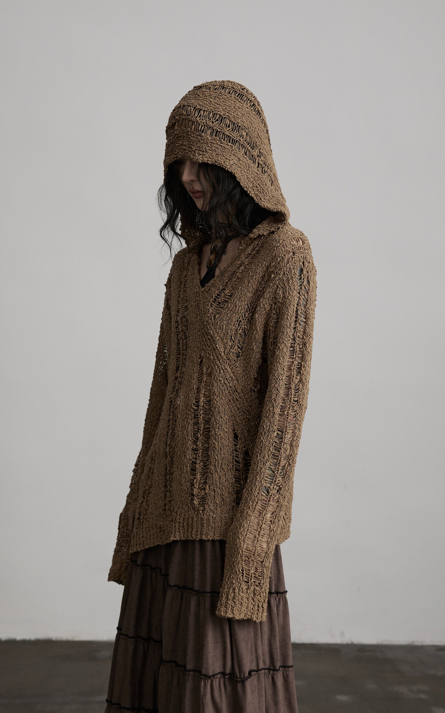INDULGE Distressed Textured Hooded Knit Pullover