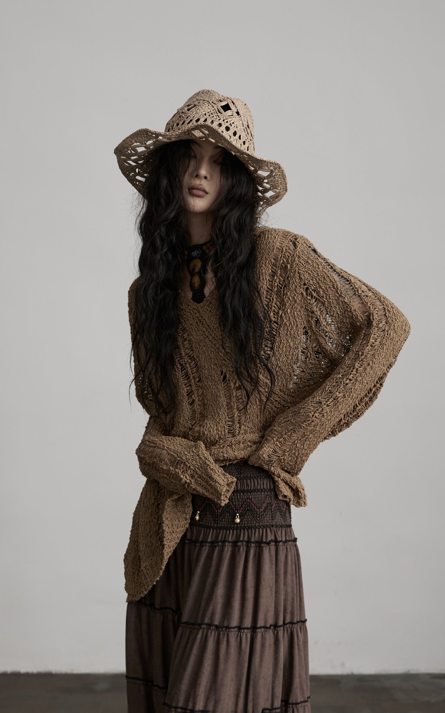 INDULGE Distressed Textured Hooded Knit Pullover