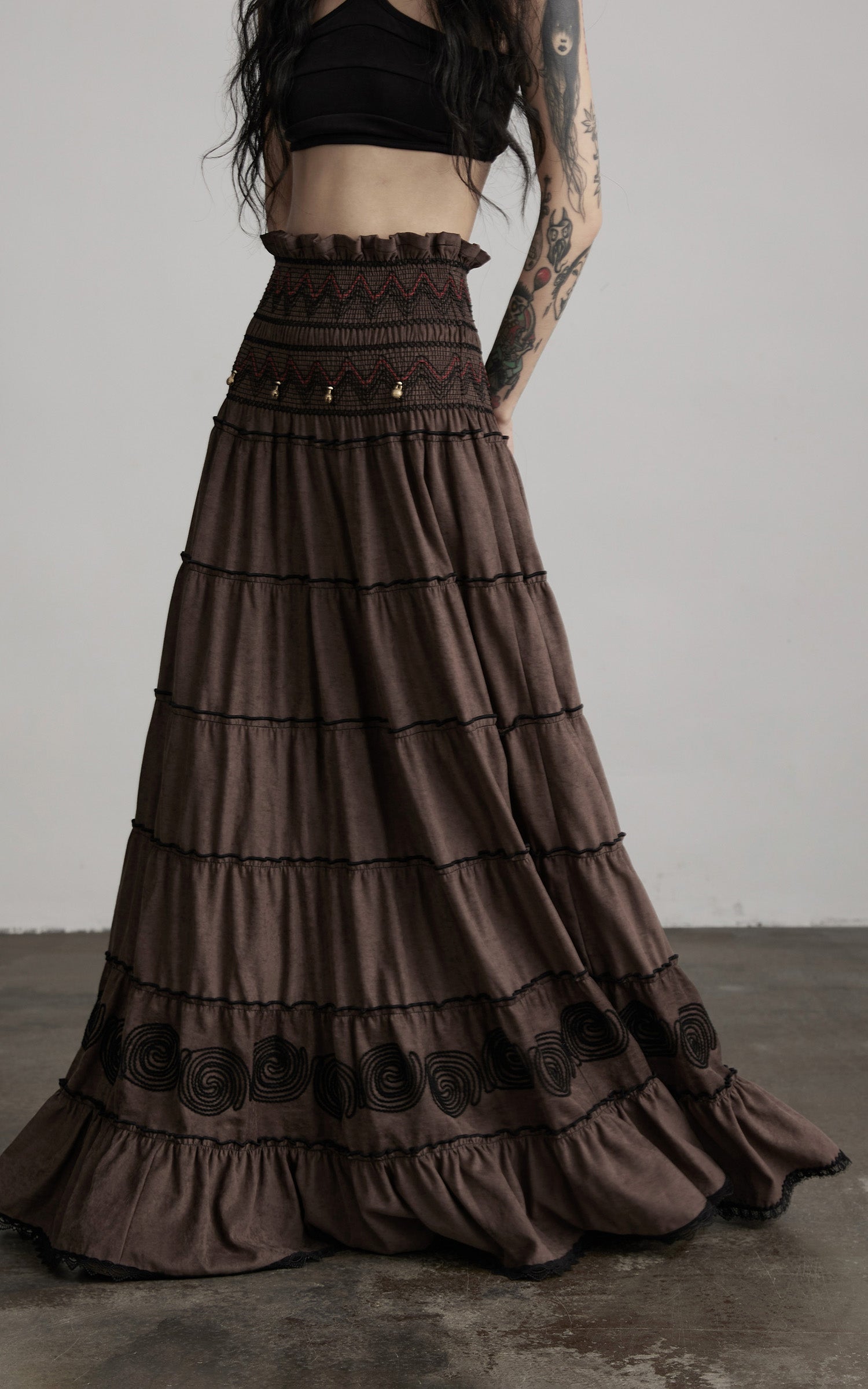 INDULGE Textured Tiered Maxi Skirt with Embroidery & Smocked Waist