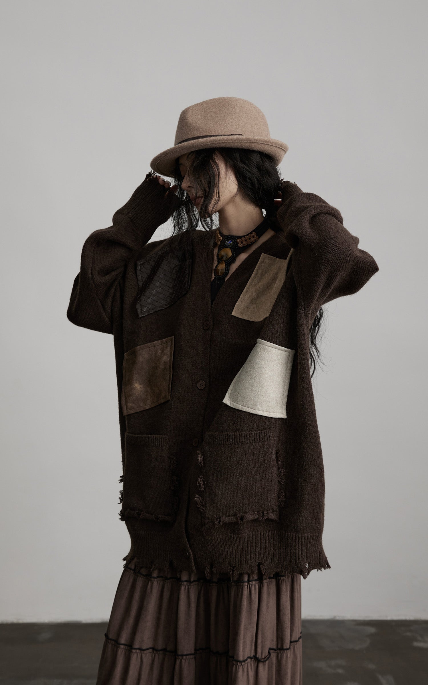 INDULGE Patchwork Distressed Knit Cardigan