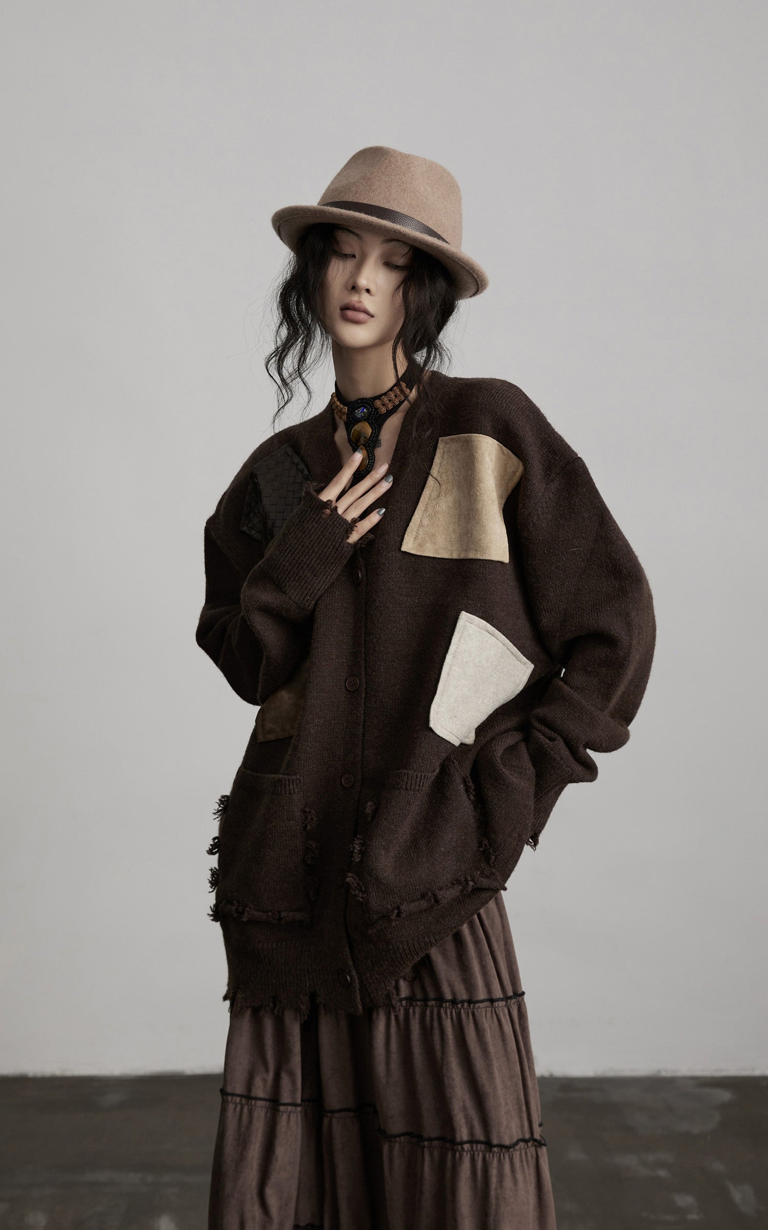 INDULGE Patchwork Distressed Knit Cardigan