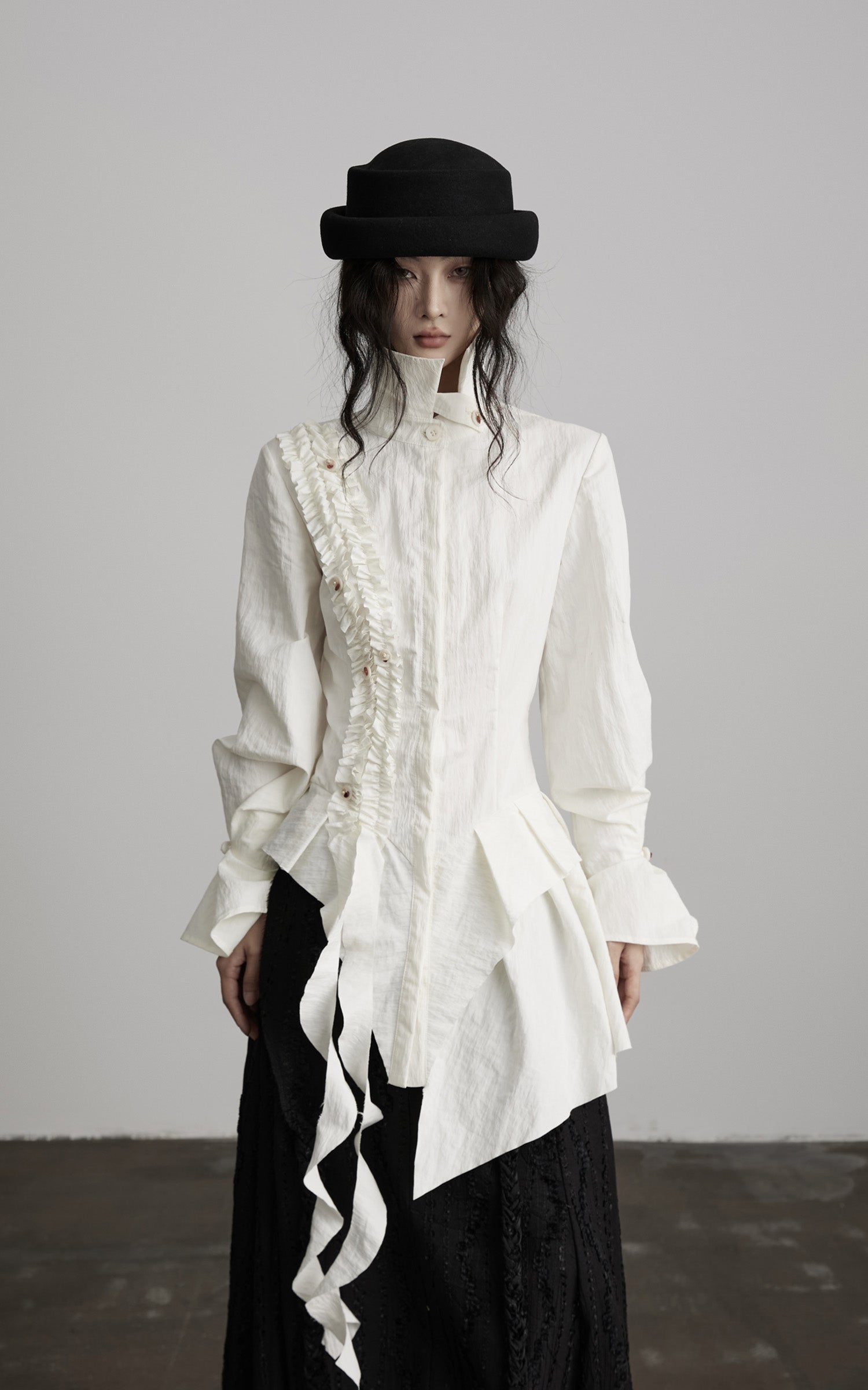 INDULGE Asymmetric Ruched High-Neck Shirt with Sculptural Draped Panels
