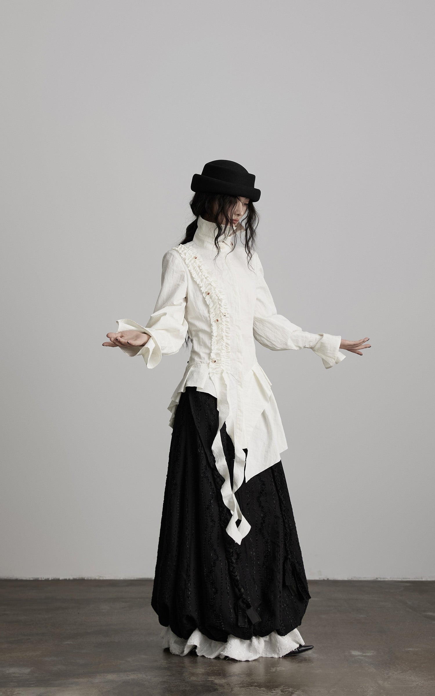 INDULGE Asymmetric Ruched High-Neck Shirt with Sculptural Draped Panels