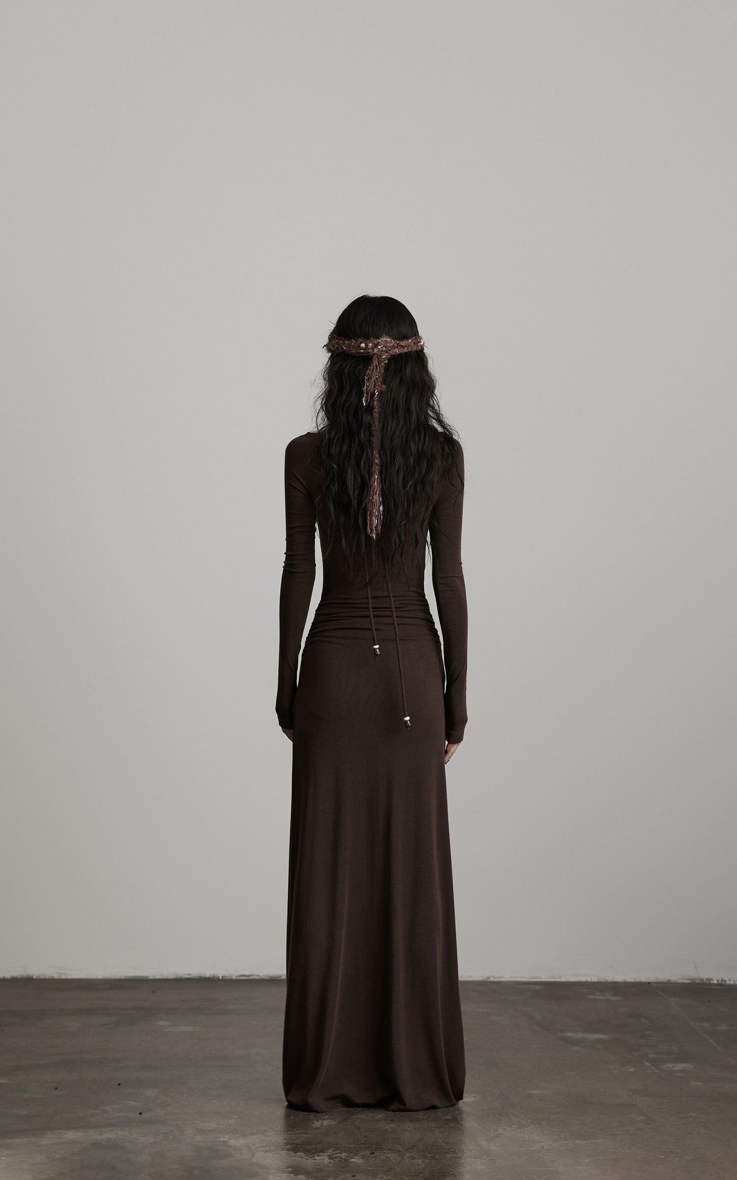 INDULGE Ruched Keyhole Maxi Dress in Dark Earth Tone