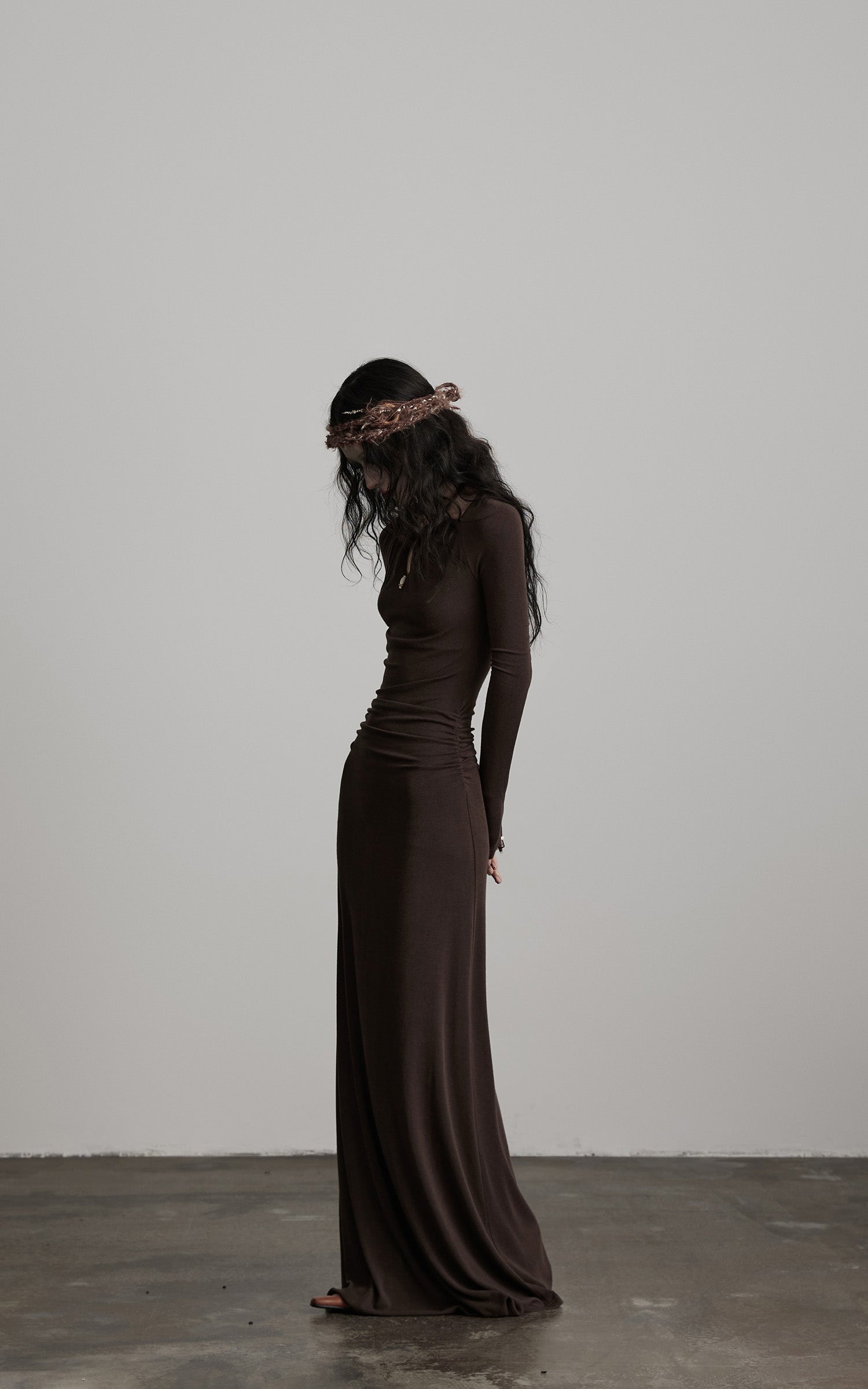 INDULGE Ruched Keyhole Maxi Dress in Dark Earth Tone