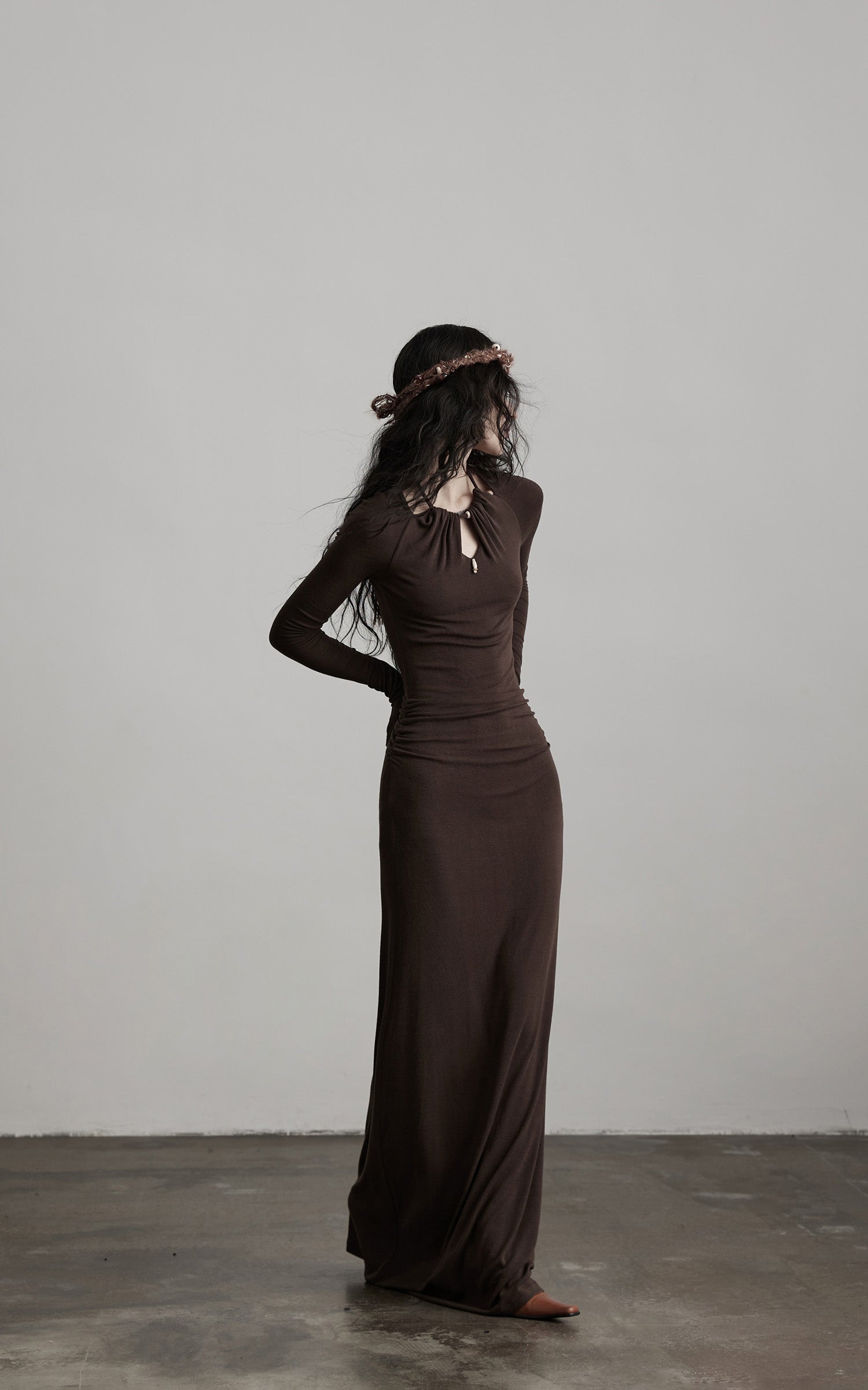 INDULGE Ruched Keyhole Maxi Dress in Dark Earth Tone