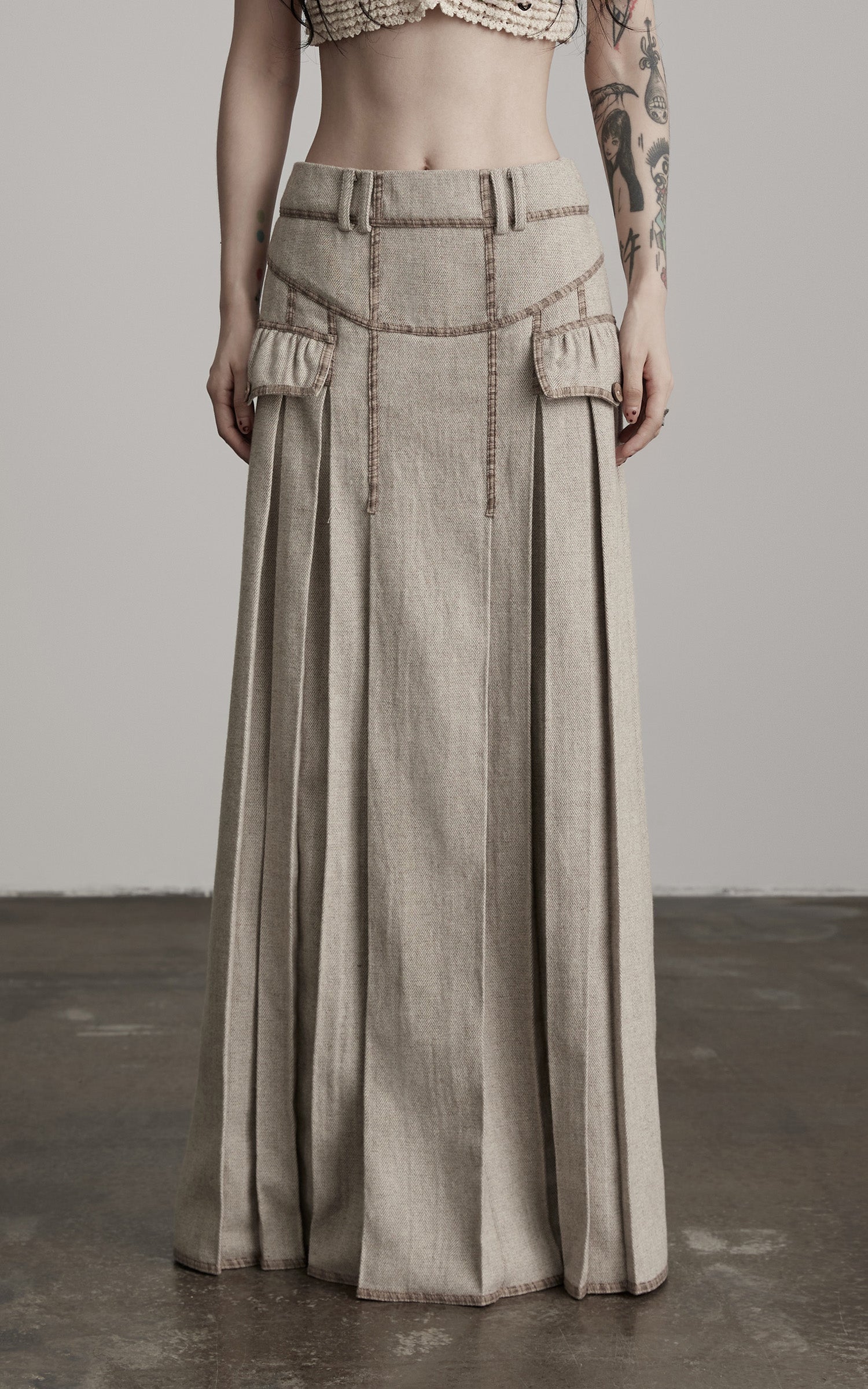 INDULGE Herringbone Pleated Maxi Skirt