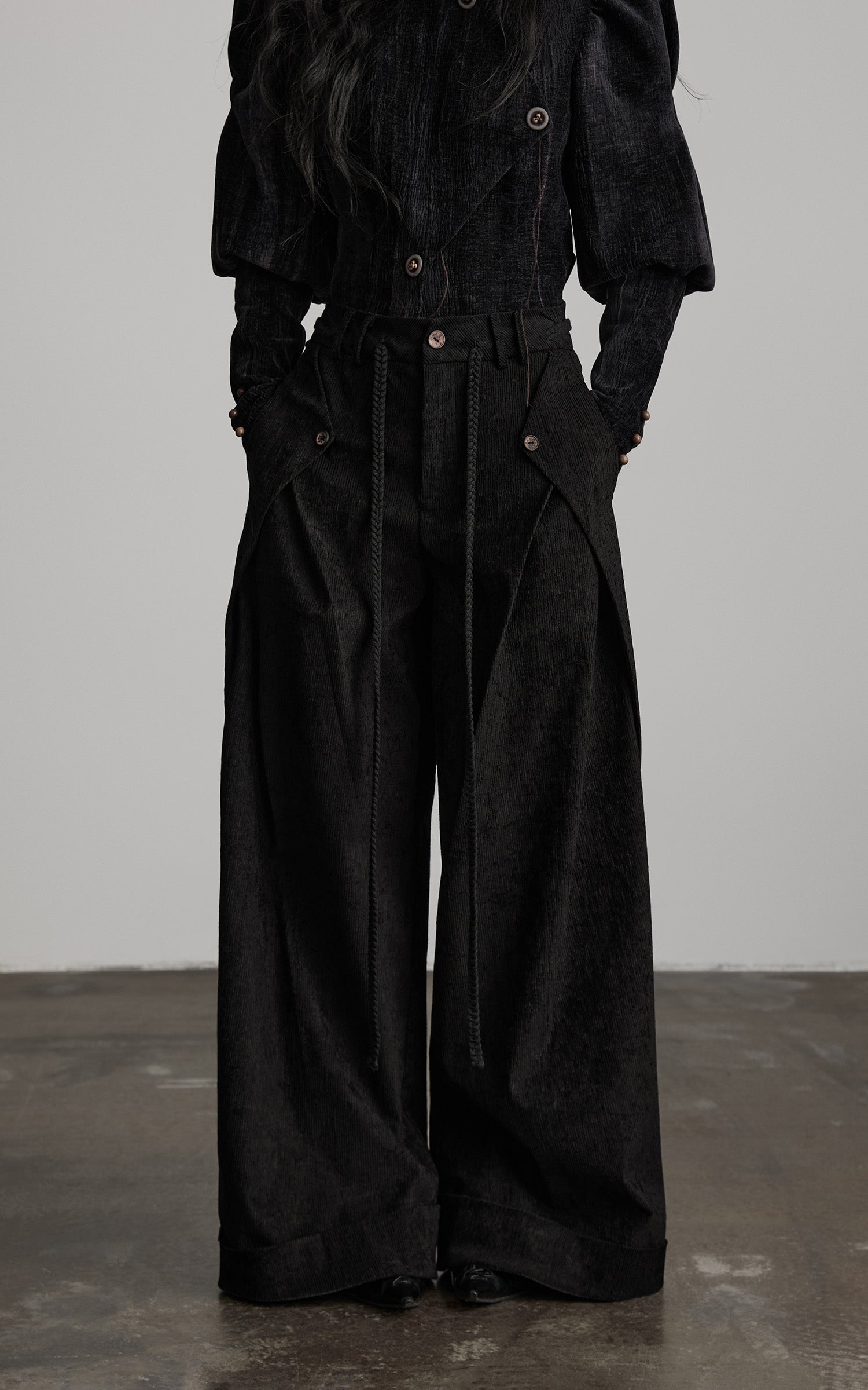 INDULGE Textured Wide-Leg Trousers with Draped Panels and Rope Detail