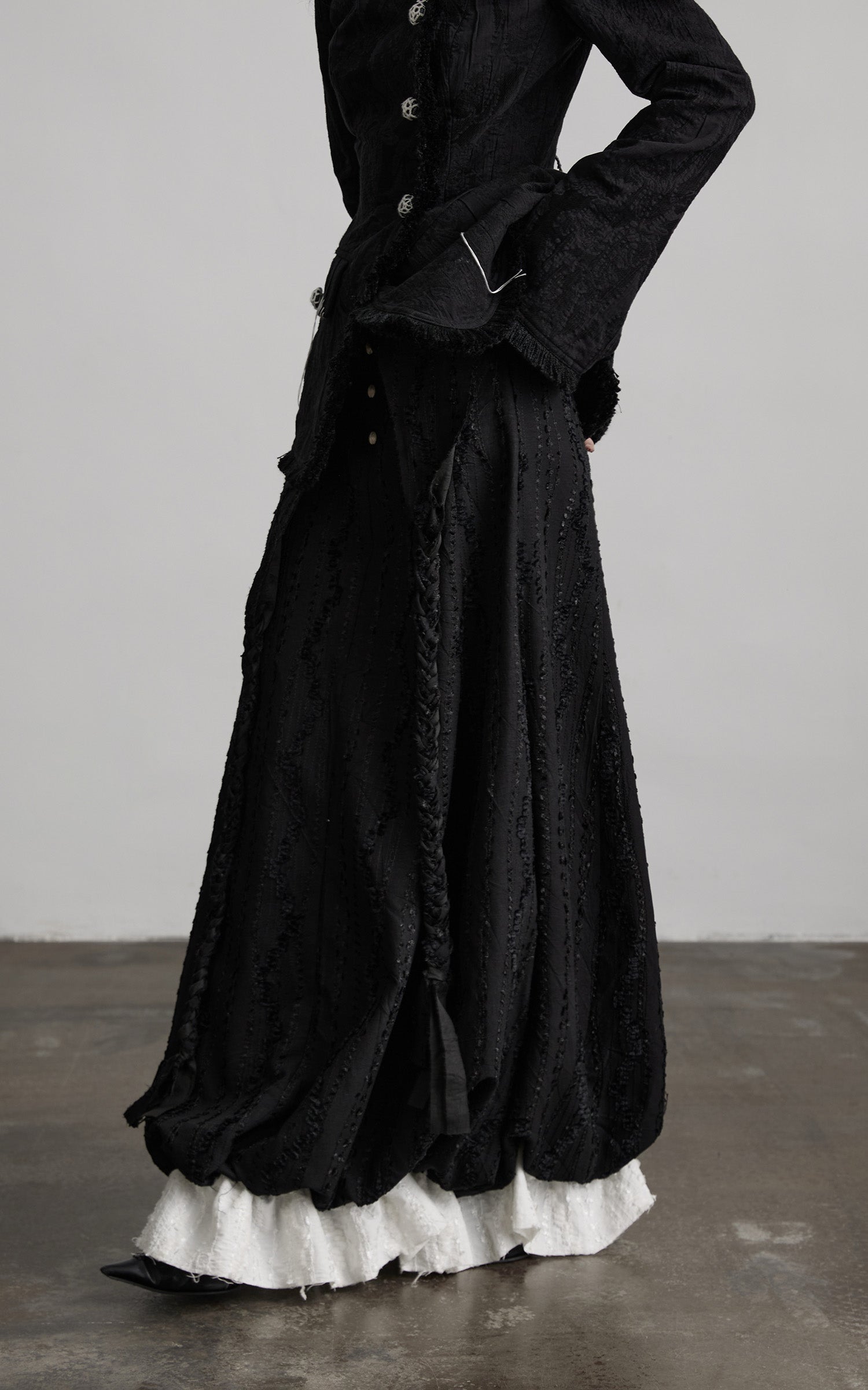 INDULGE Textured Layered Maxi Skirt with Braided Details