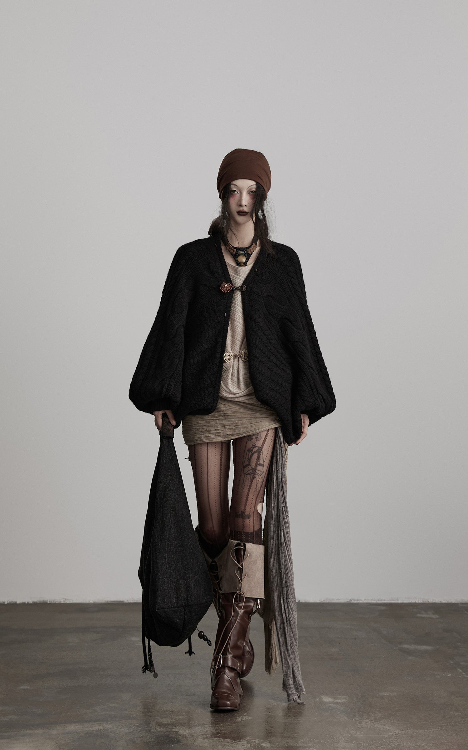 INDULGE Sculptural Cable-Knit Cardigan with Oversized Sleeves