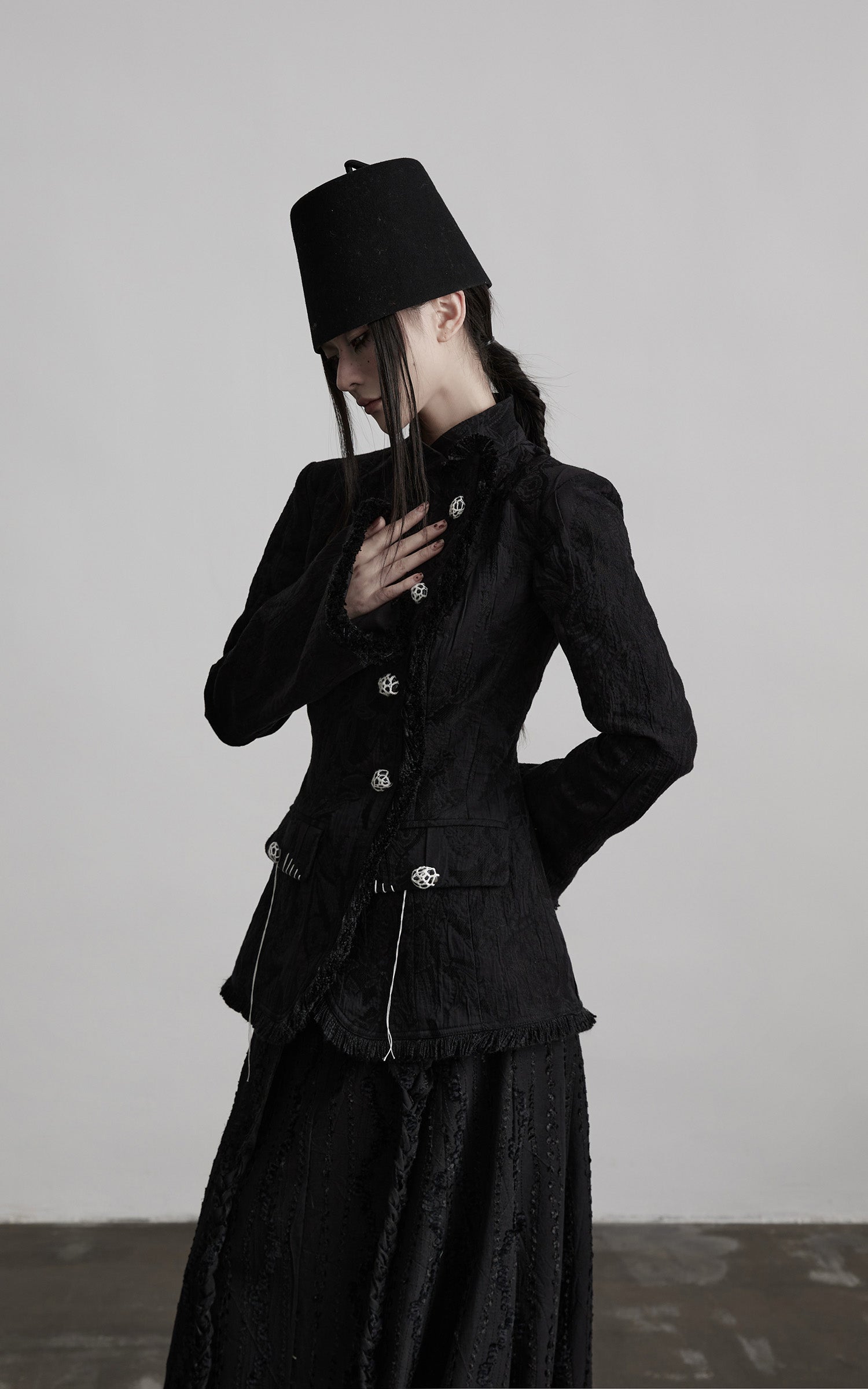 INDULGE Structured Textured Blazer with Sculpted Silhouette and Hand-Woven Knot Buttons