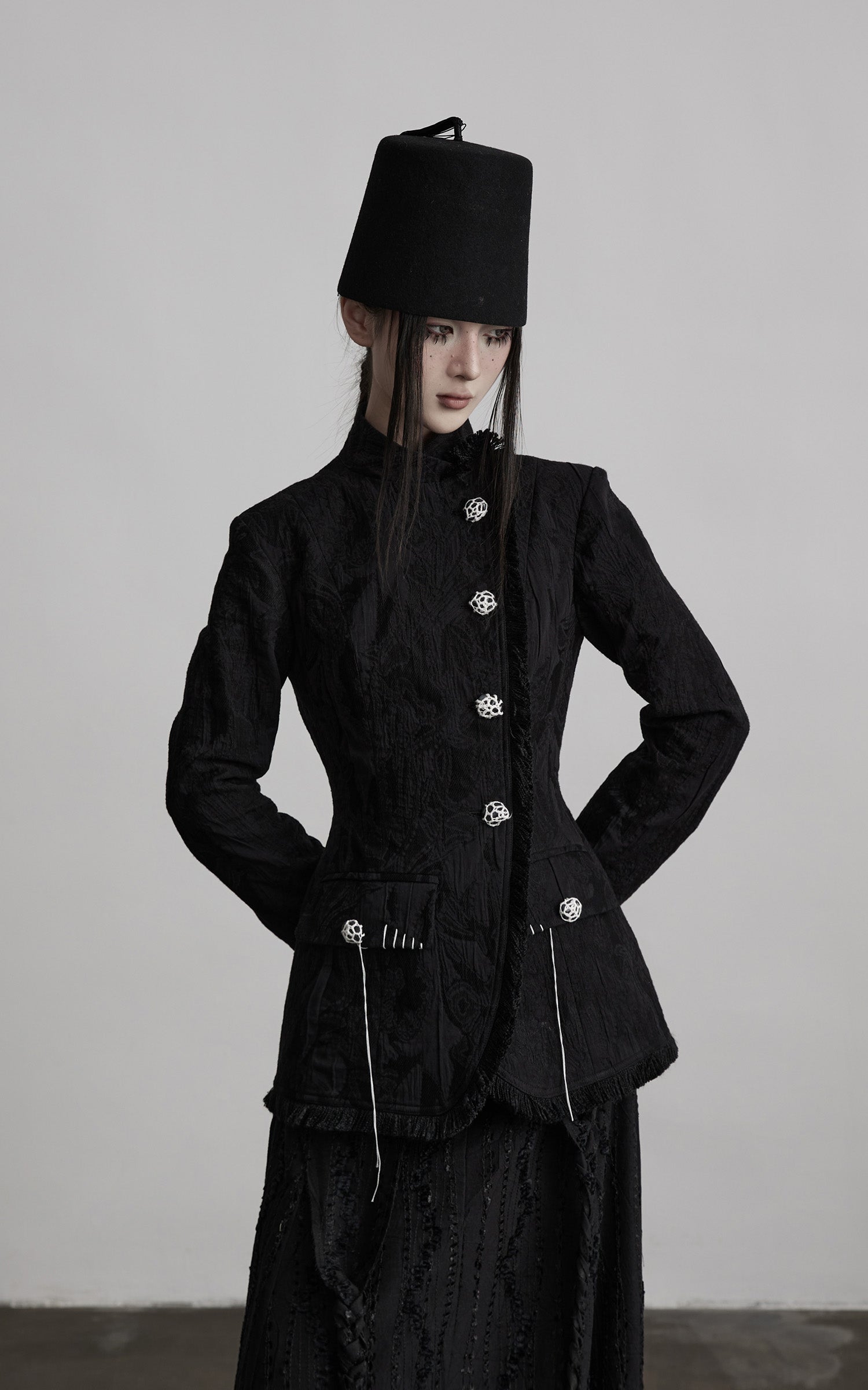 INDULGE Structured Textured Blazer with Sculpted Silhouette and Hand-Woven Knot Buttons