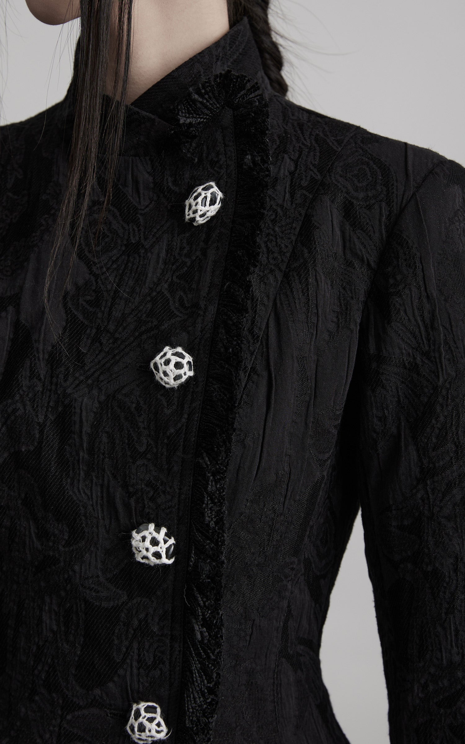 INDULGE Structured Textured Blazer with Sculpted Silhouette and Hand-Woven Knot Buttons