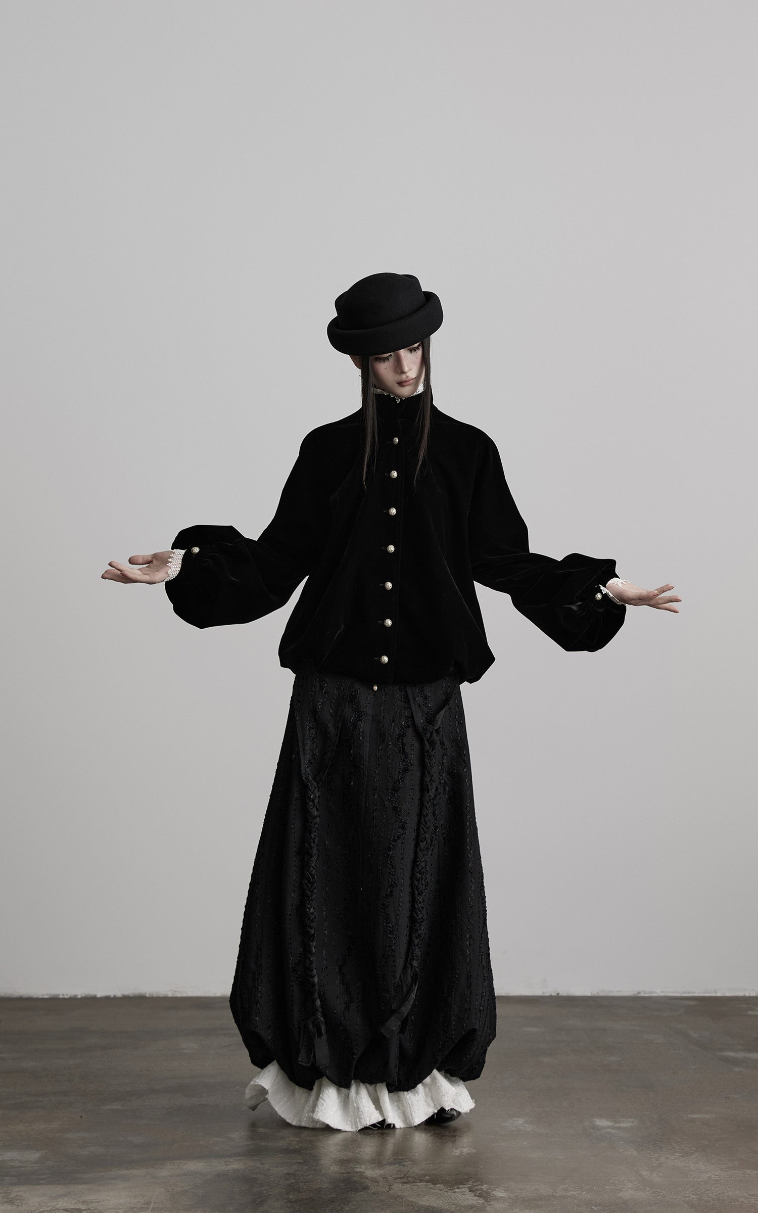 INDULGE Velvet Sculpted Jacket with Lace Collar & Antique Buttons