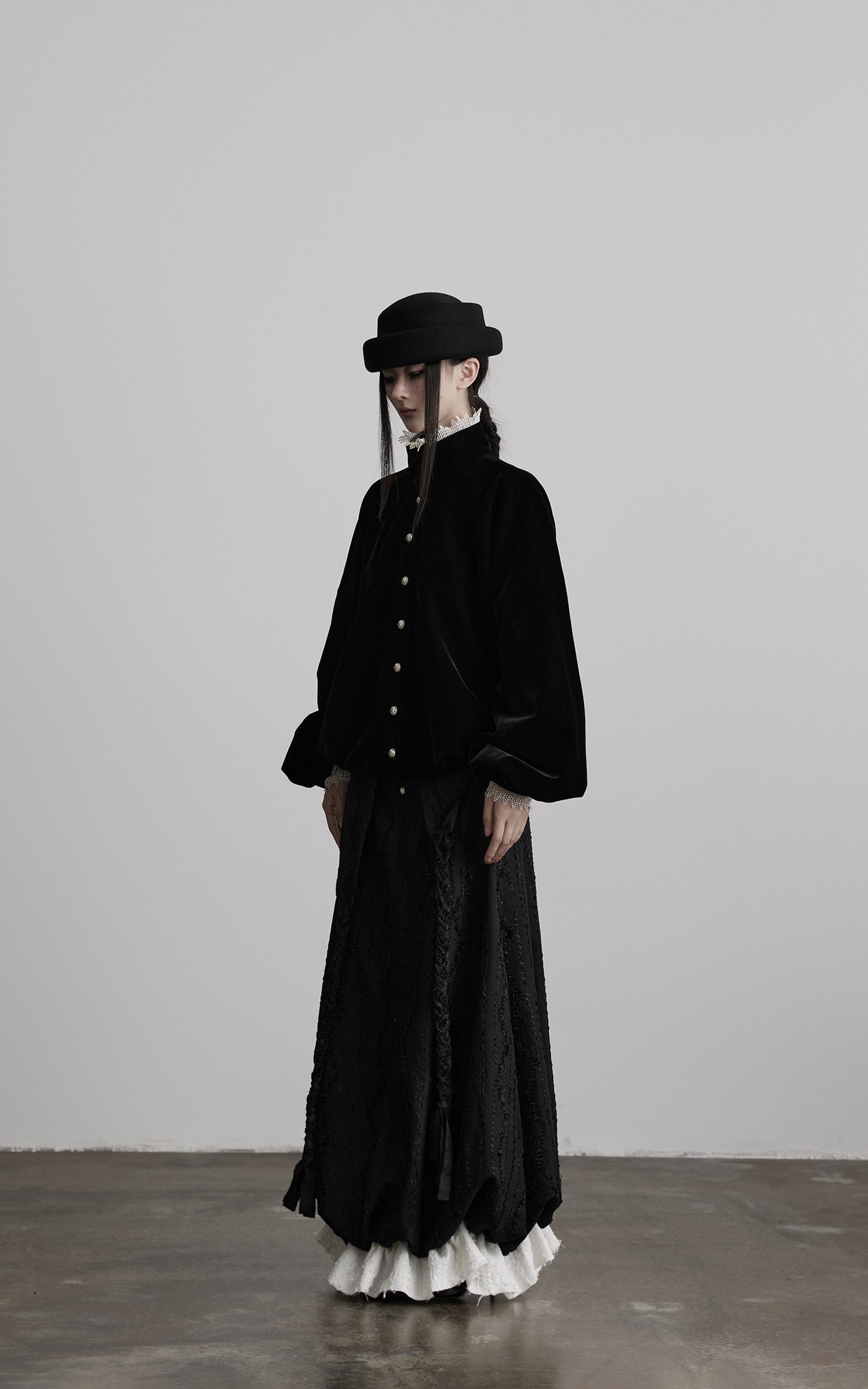 INDULGE Velvet Sculpted Jacket with Lace Collar & Antique Buttons