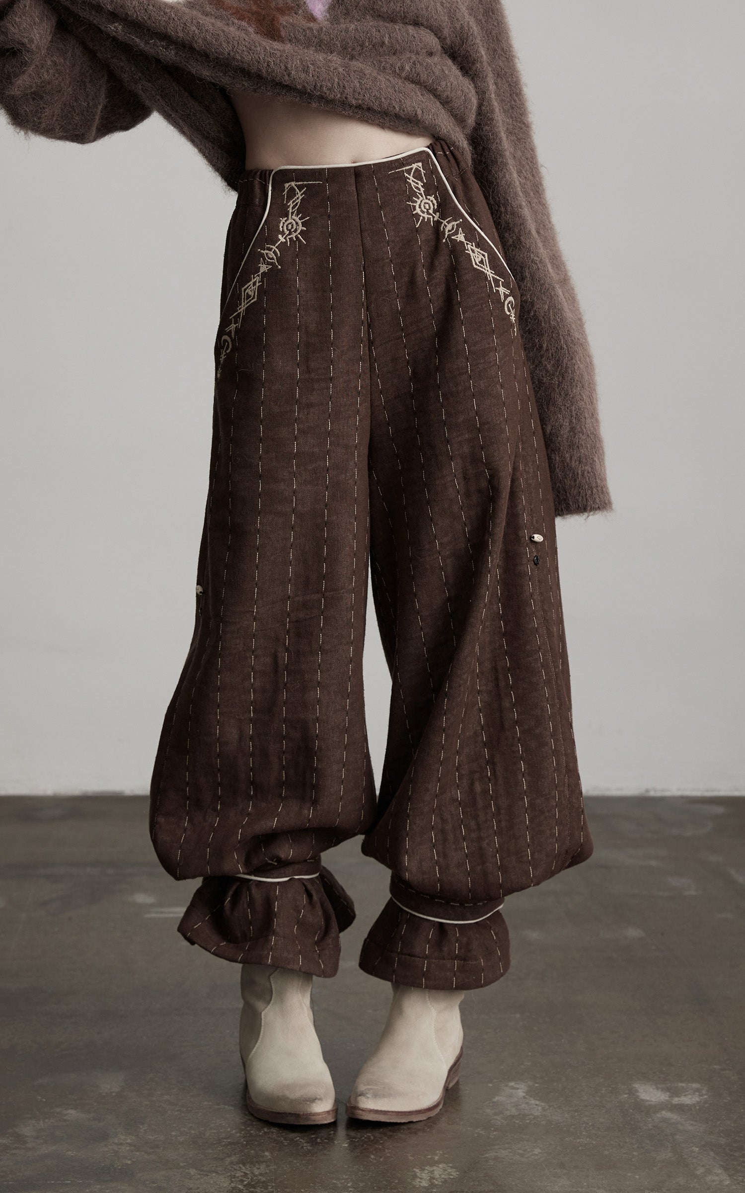 INDULGE Structured Embroidered Wide-Leg Trousers