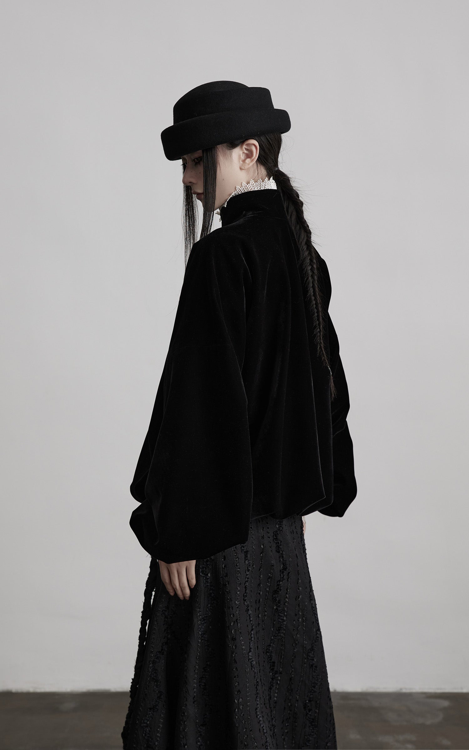 INDULGE Velvet Sculpted Jacket with Lace Collar & Antique Buttons