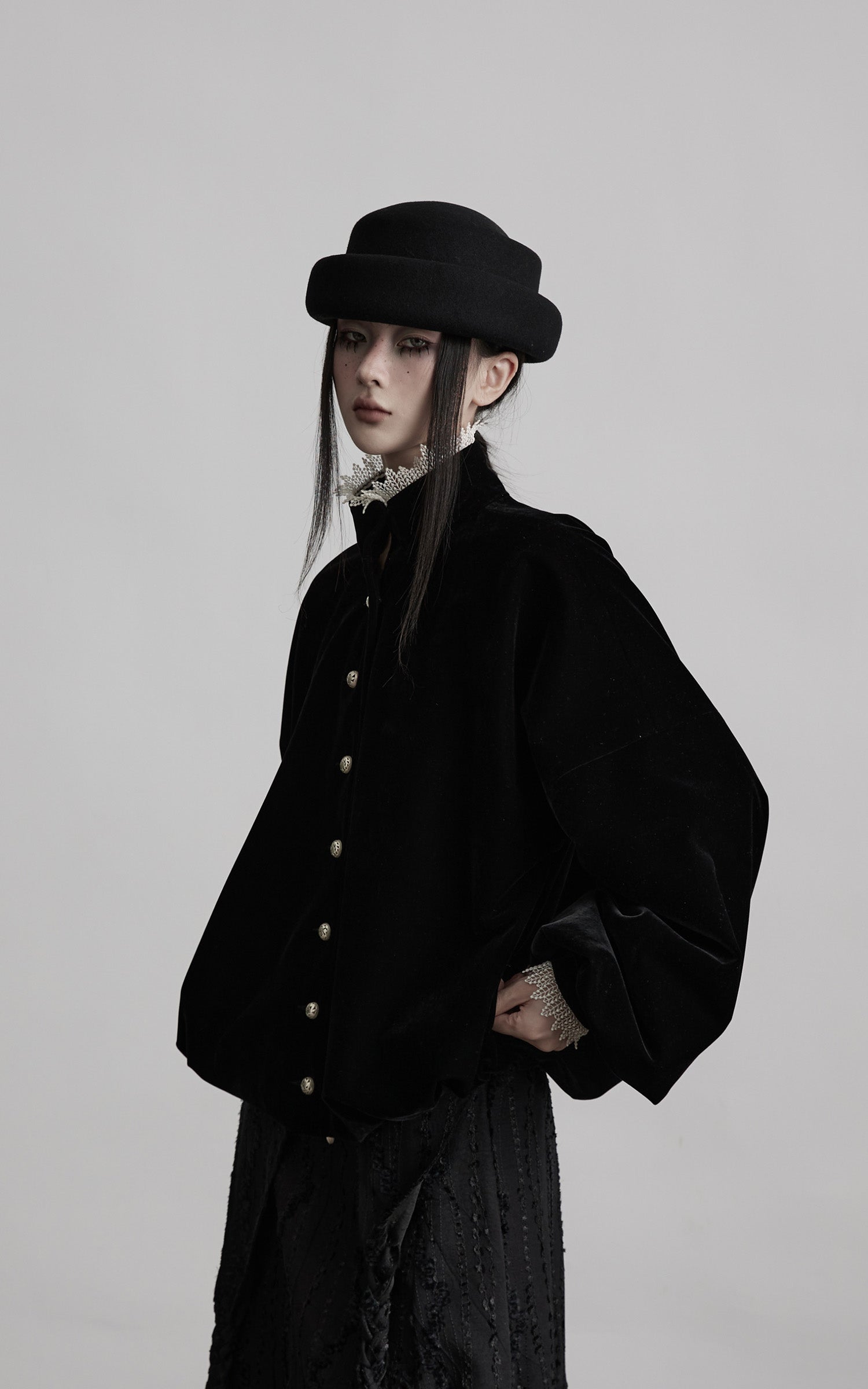 INDULGE Velvet Sculpted Jacket with Lace Collar & Antique Buttons