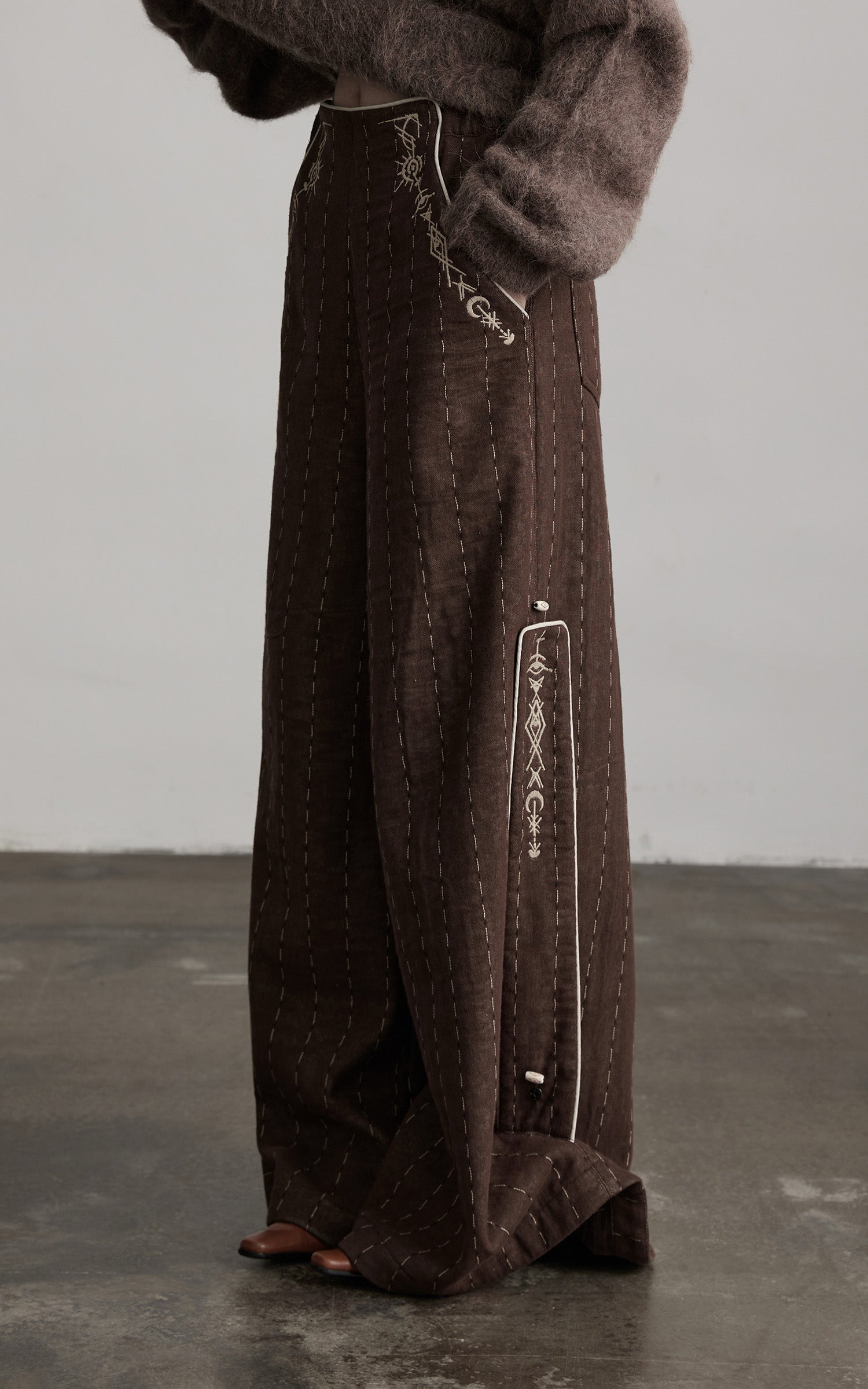 INDULGE Structured Embroidered Wide-Leg Trousers