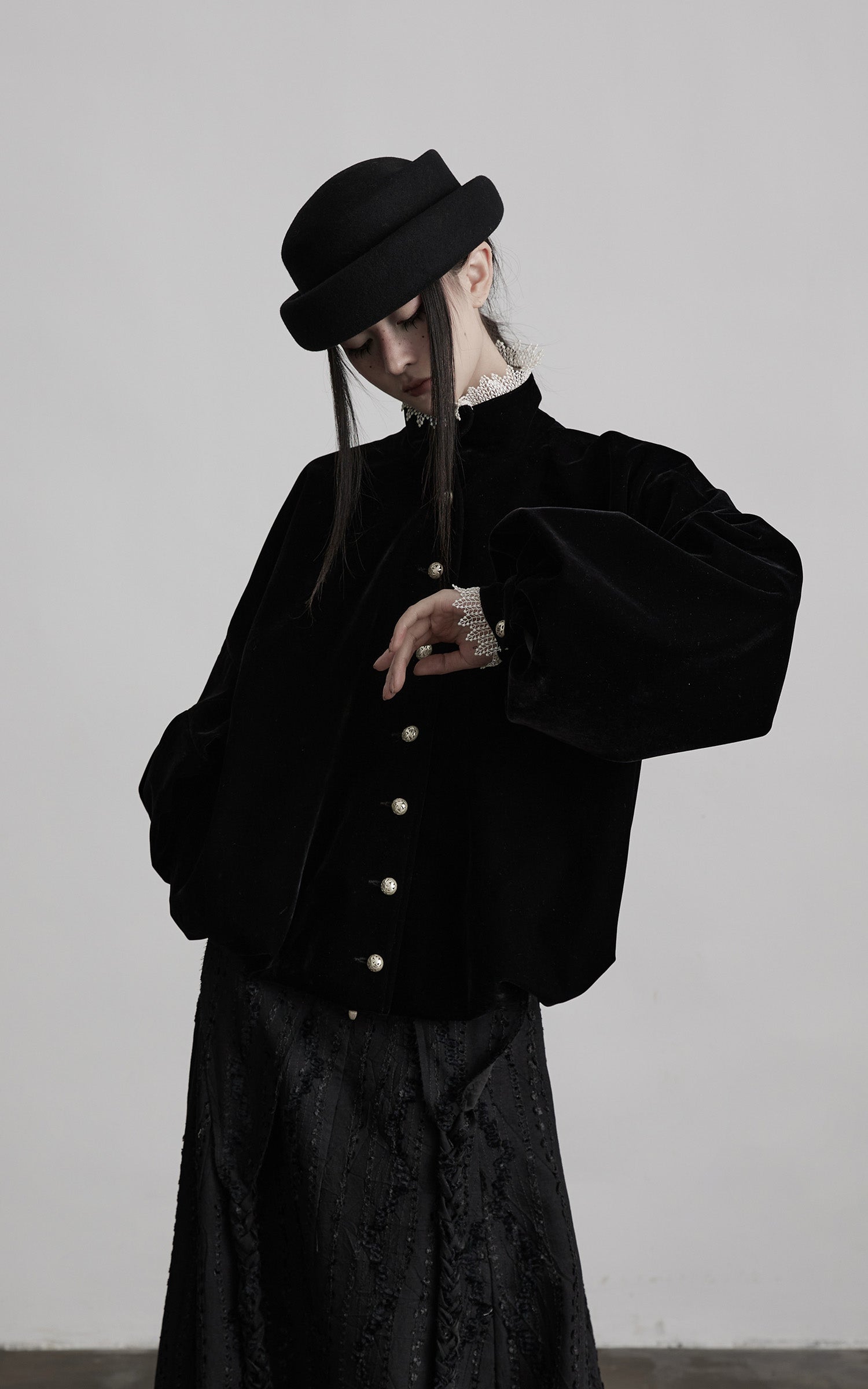 INDULGE Velvet Sculpted Jacket with Lace Collar & Antique Buttons