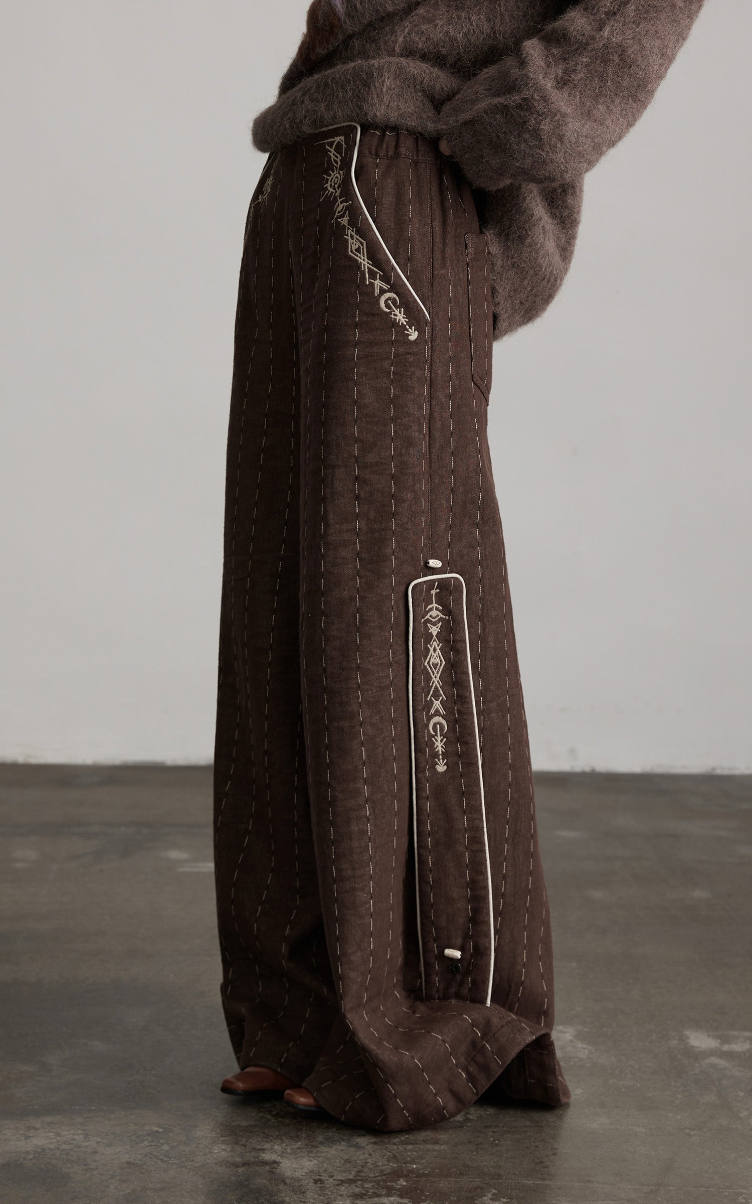 INDULGE Structured Embroidered Wide-Leg Trousers