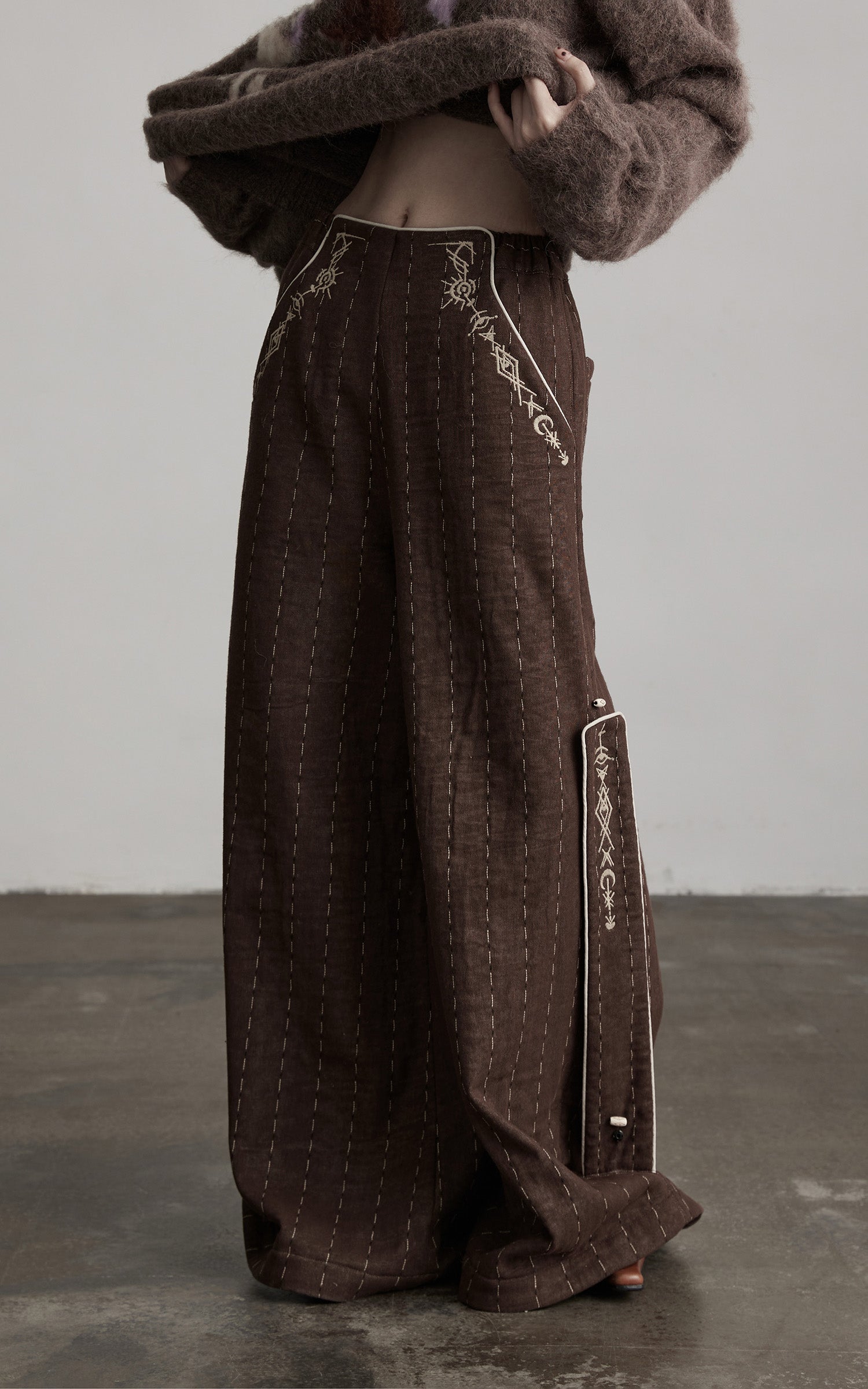 INDULGE Structured Embroidered Wide-Leg Trousers