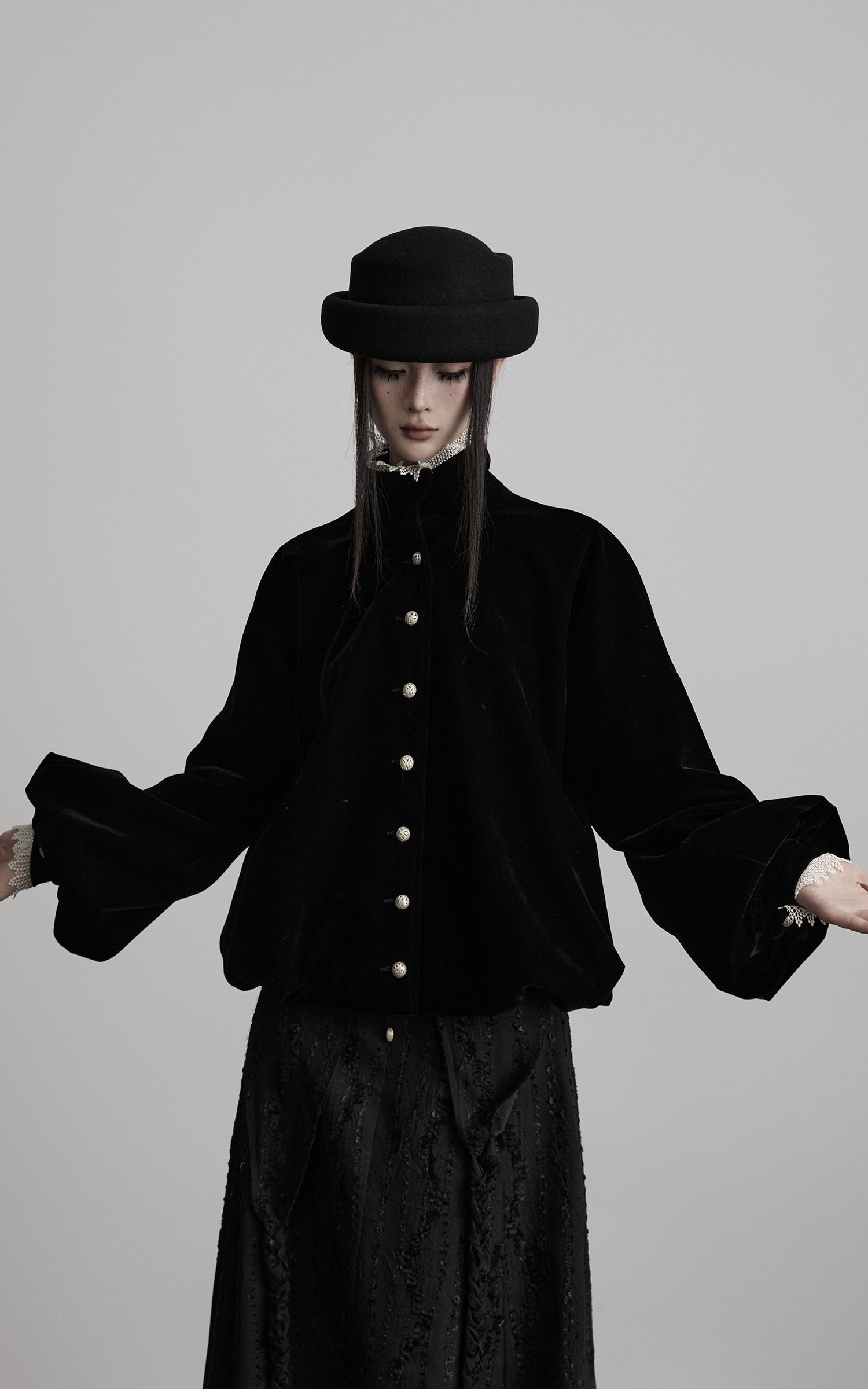 INDULGE Velvet Sculpted Jacket with Lace Collar & Antique Buttons