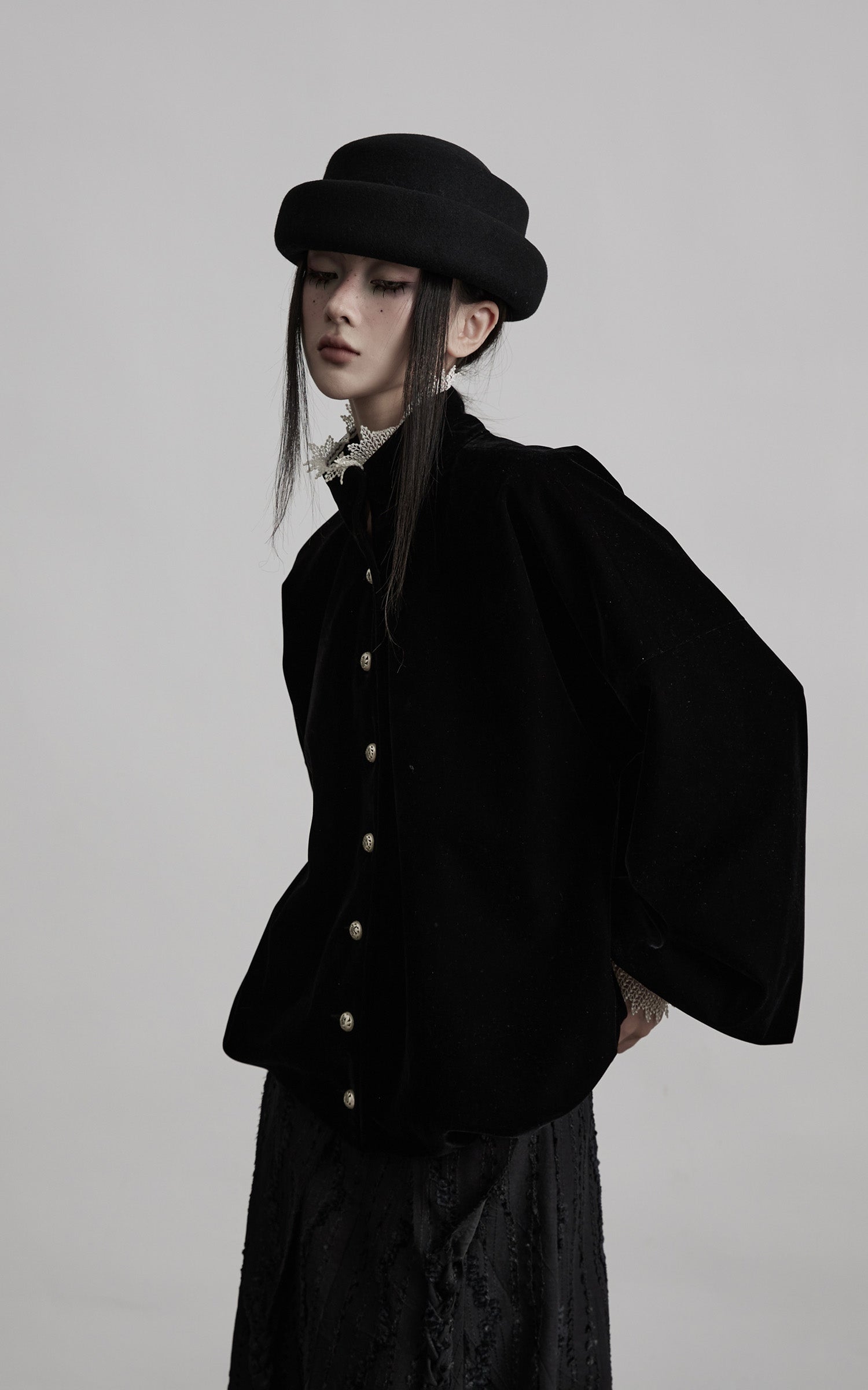 INDULGE Velvet Sculpted Jacket with Lace Collar & Antique Buttons