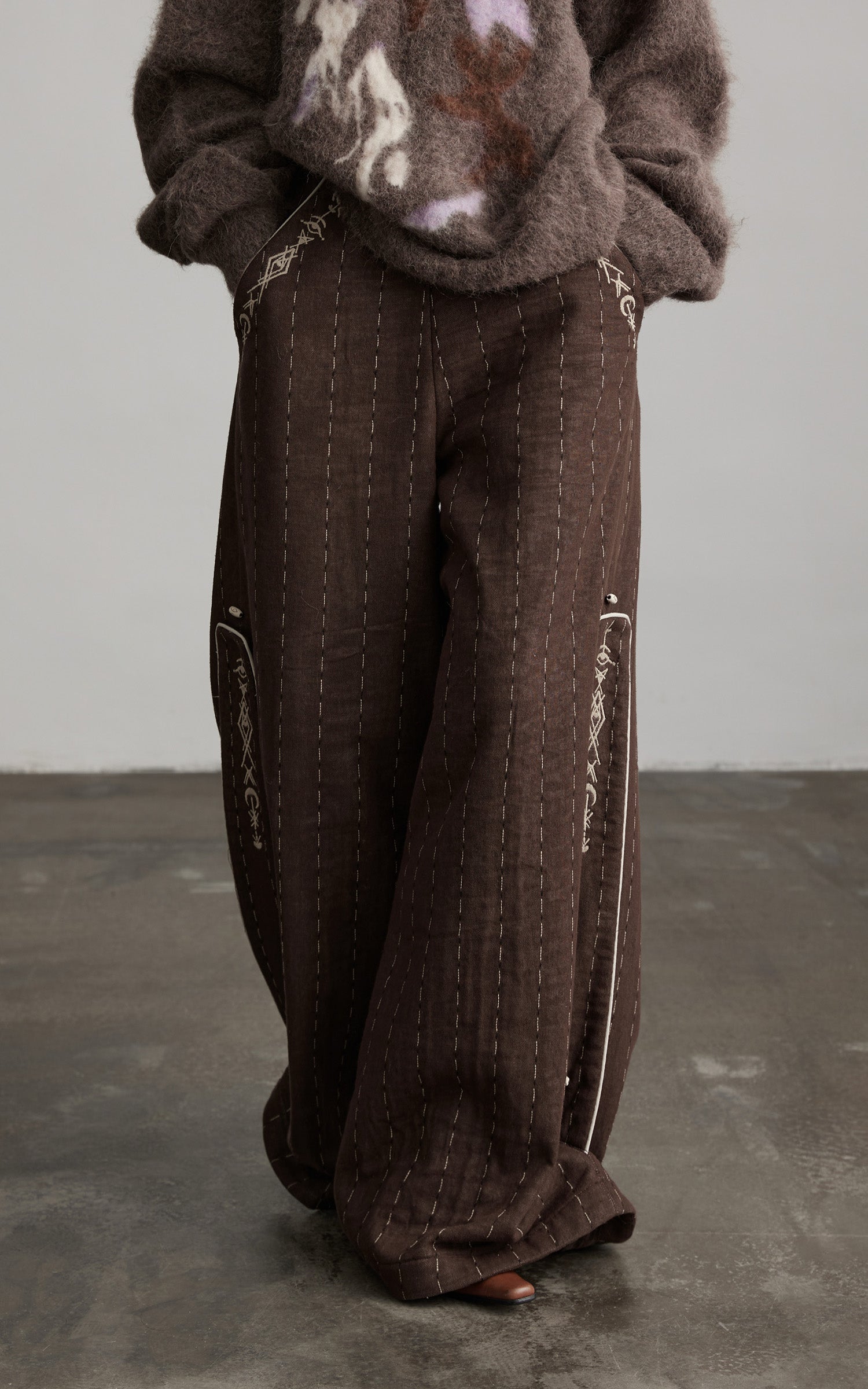 INDULGE Structured Embroidered Wide-Leg Trousers