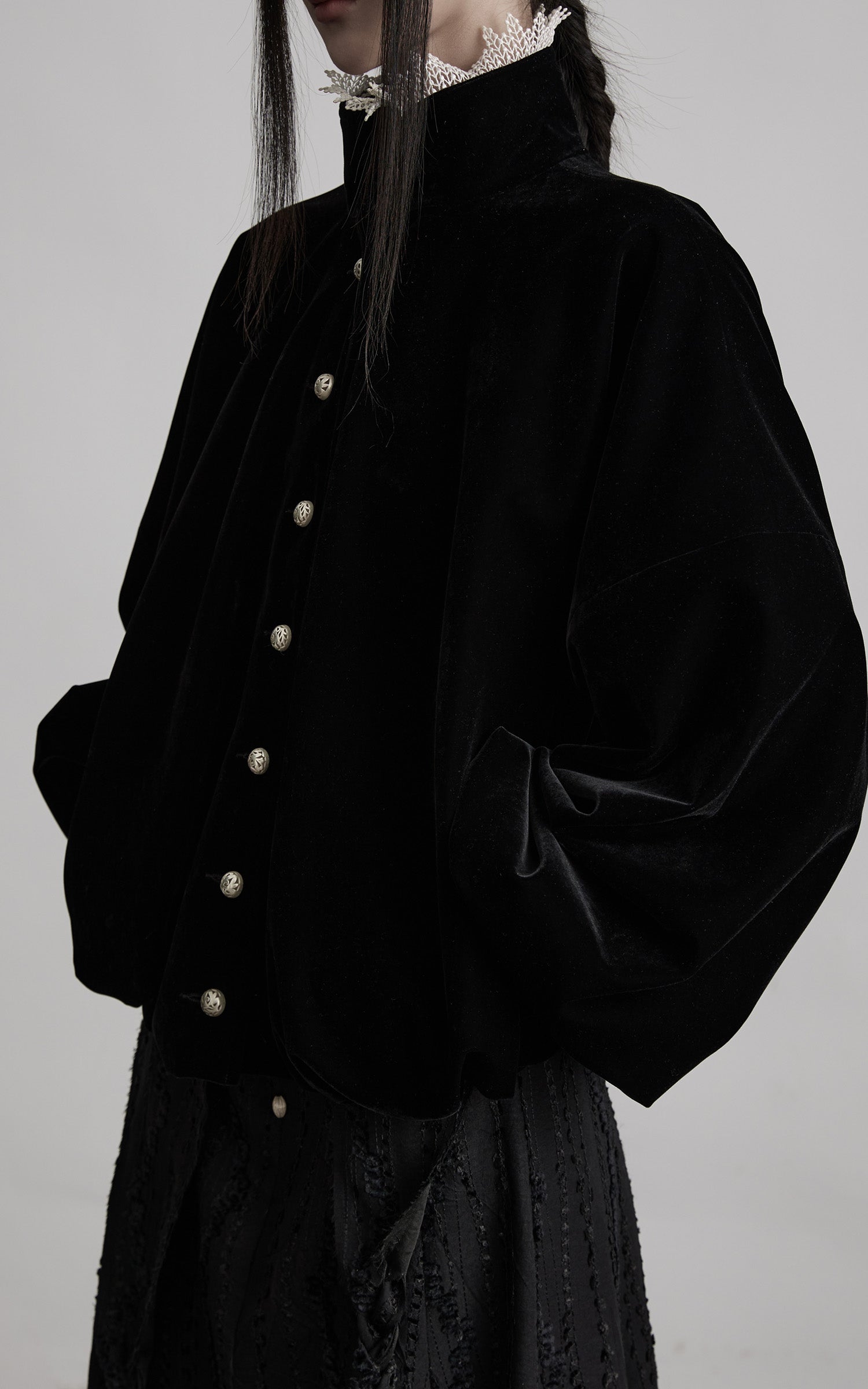 INDULGE Velvet Sculpted Jacket with Lace Collar & Antique Buttons