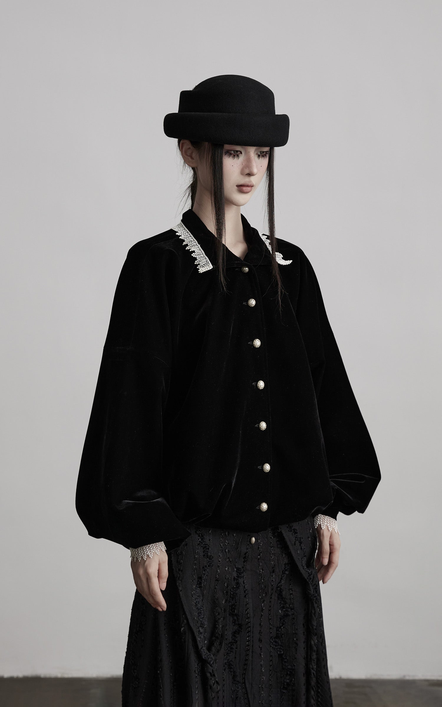 INDULGE Velvet Sculpted Jacket with Lace Collar & Antique Buttons