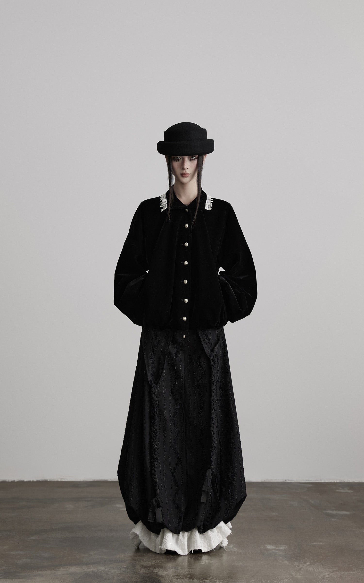 INDULGE Velvet Sculpted Jacket with Lace Collar & Antique Buttons