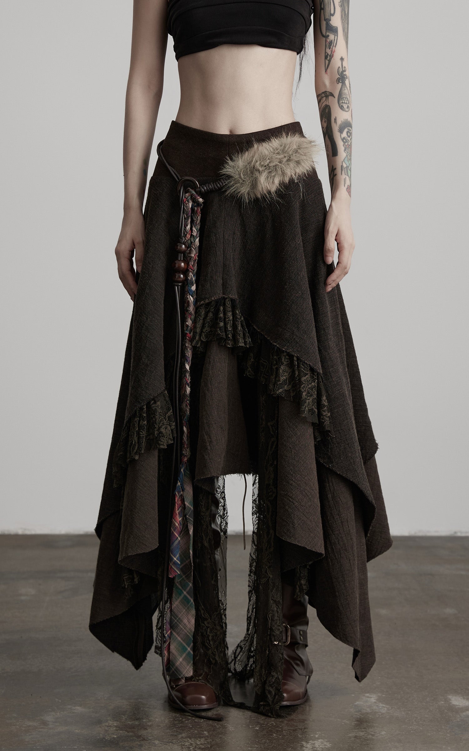 INDULGE Layered Asymmetric Skirt with Braided Belt and Fur Accent